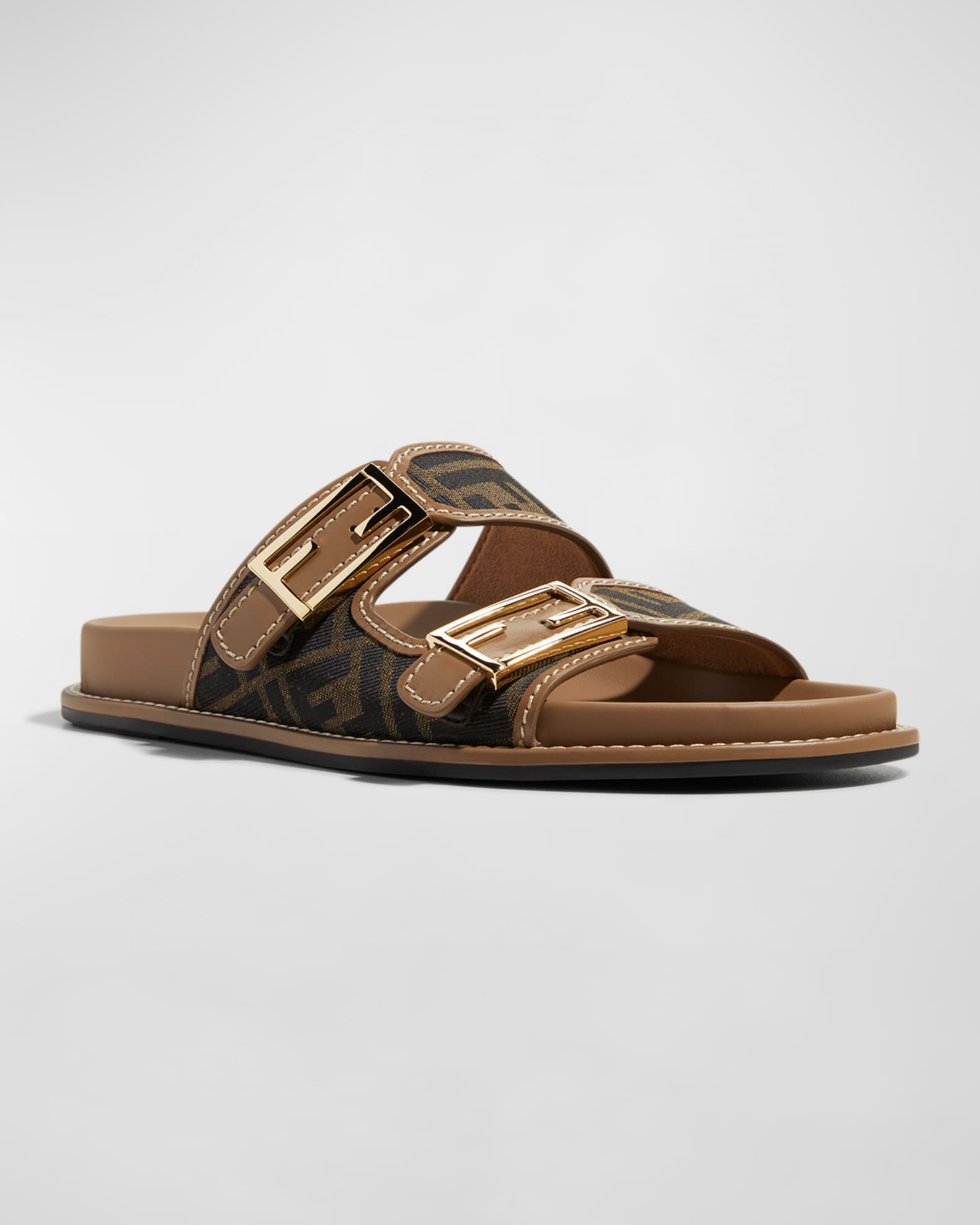 Fendi FF Jacquard Dual Buckle Slide Sandals | Neiman Marcus