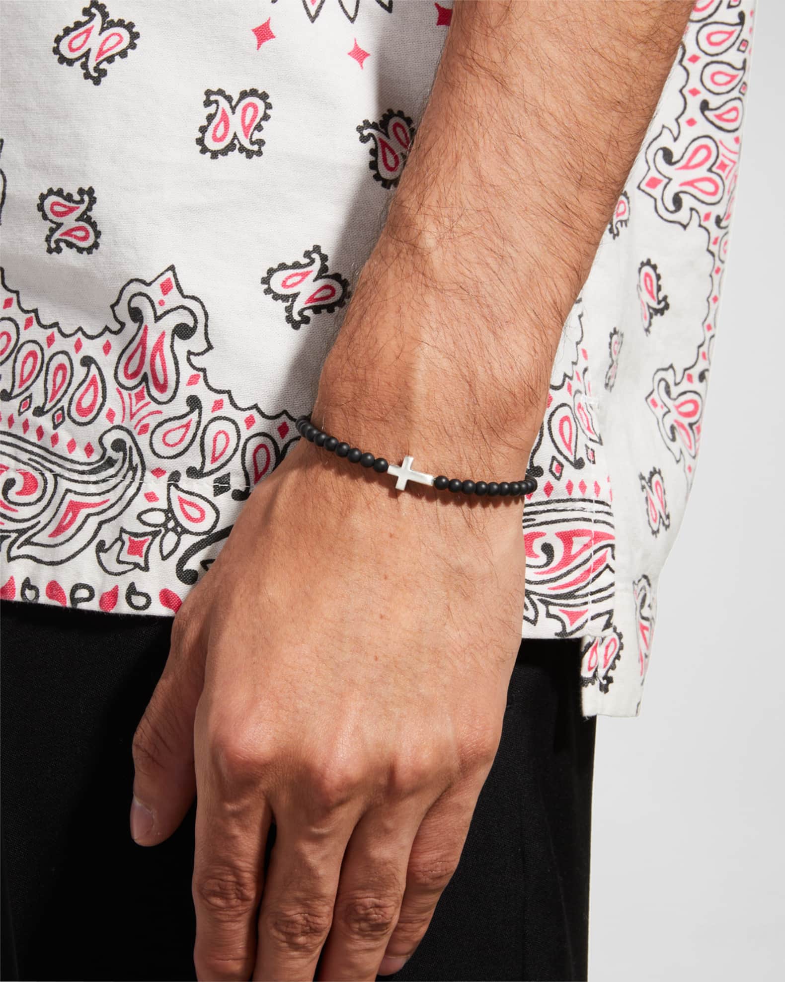 Men's Spiritual Beads Cross Station Bracelet in Silver, 4mm 1