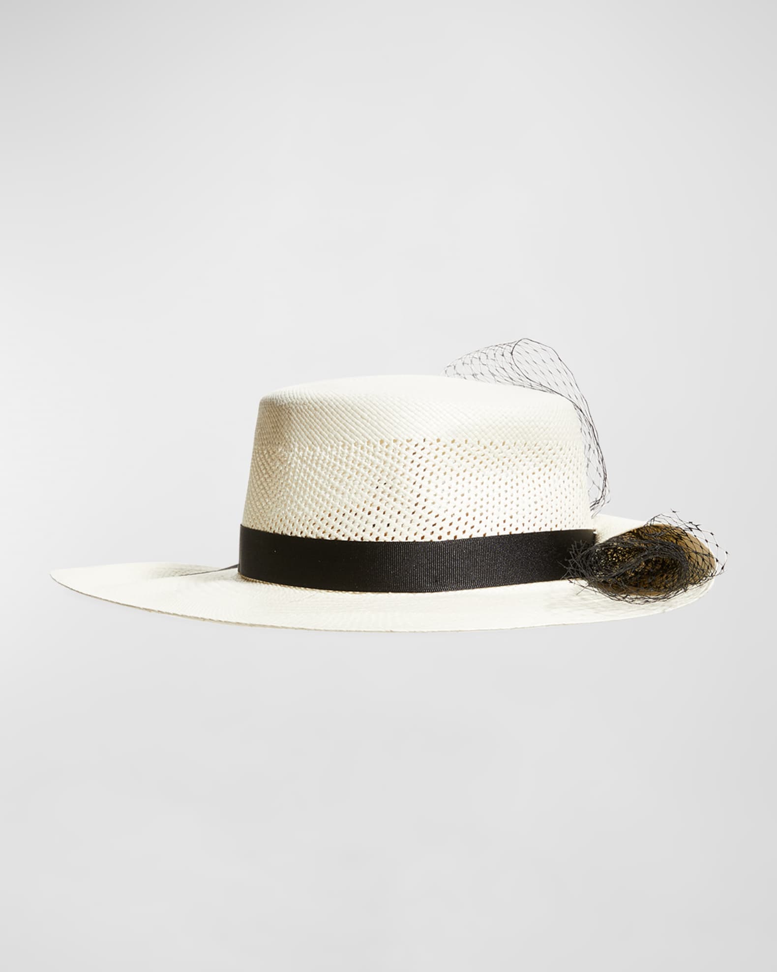 Sensi Studio Perforated Straw Hat w/ Tulle Veil | Neiman Marcus