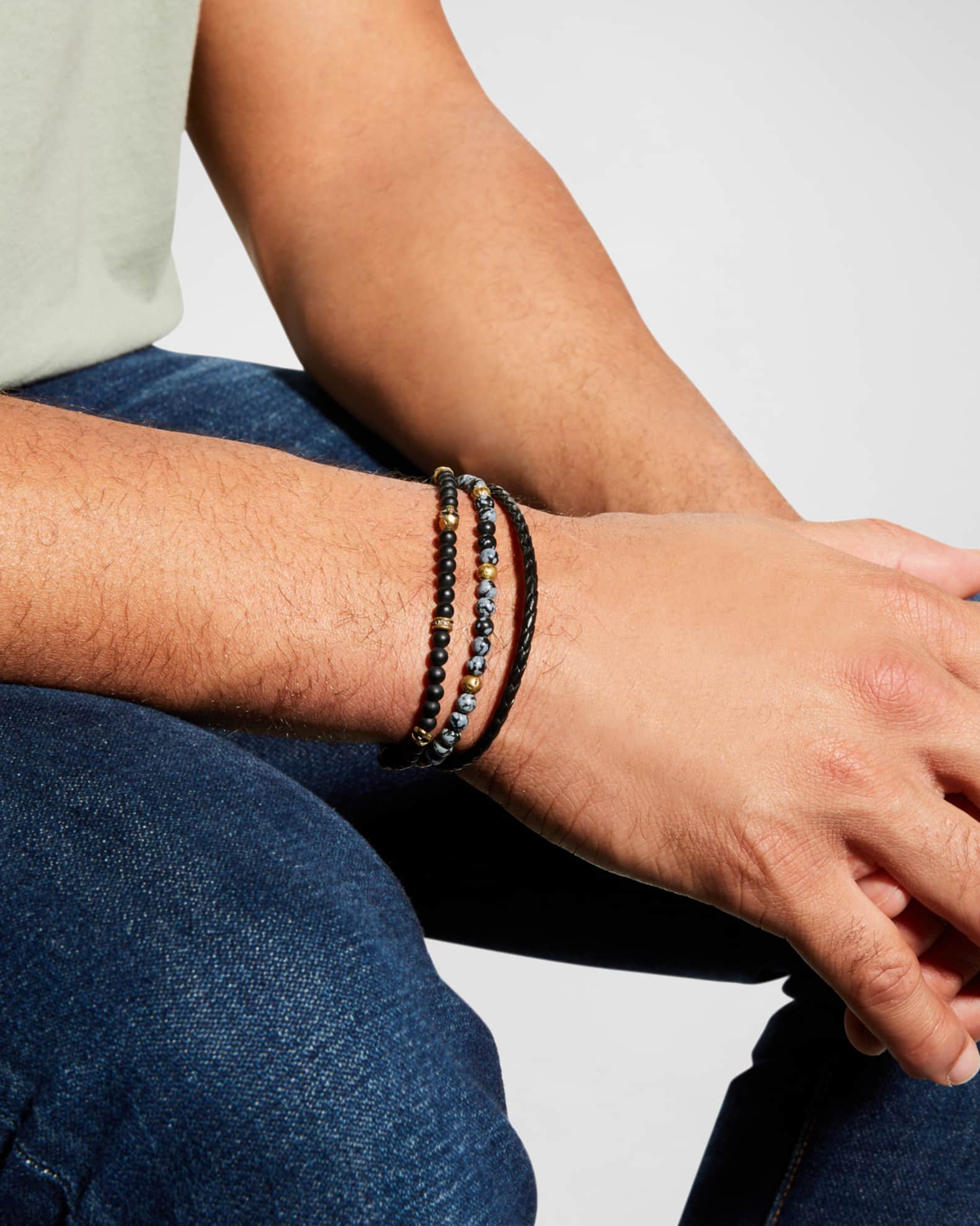 John Varvatos Men s Multi Strand Leather Onyx Obsidien Beaded Bracelet Neiman Marcus