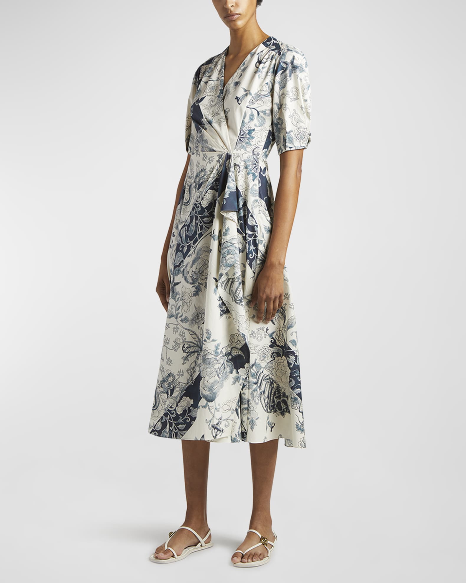 Etro Nautical-Print Puff-Sleeve Draped Wrap Midi Dress | Neiman Marcus