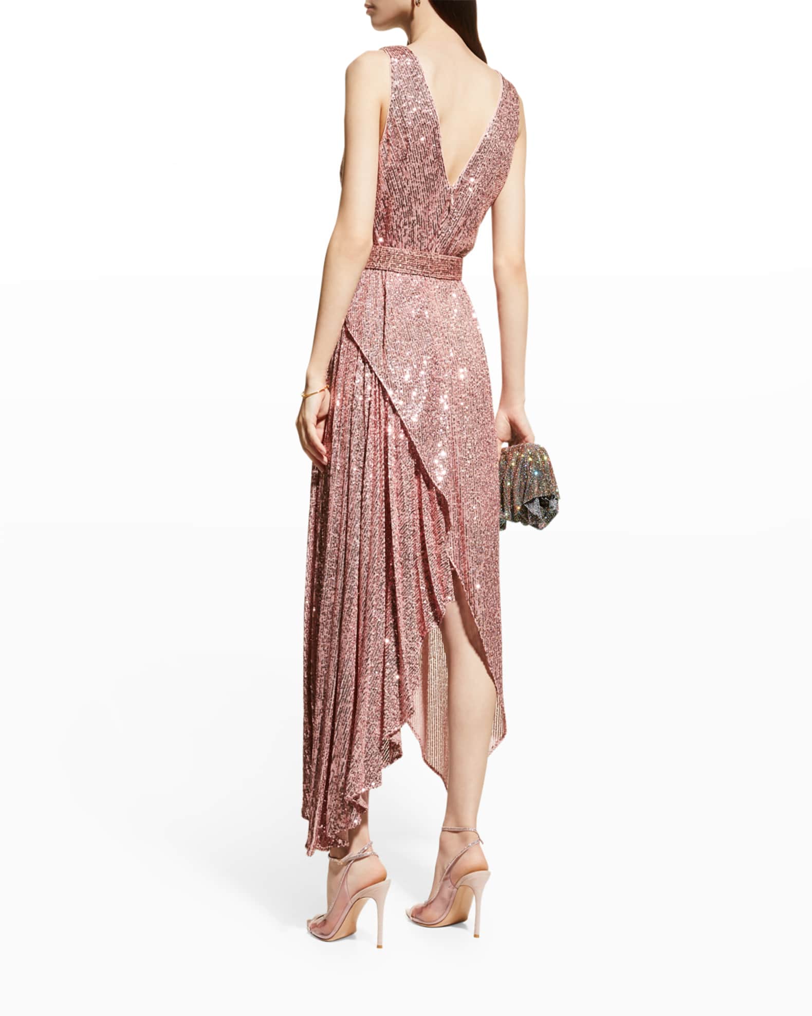 Badgley Mischka Collection Pleated Sequin Dress w/ Belt Neiman Marcus
