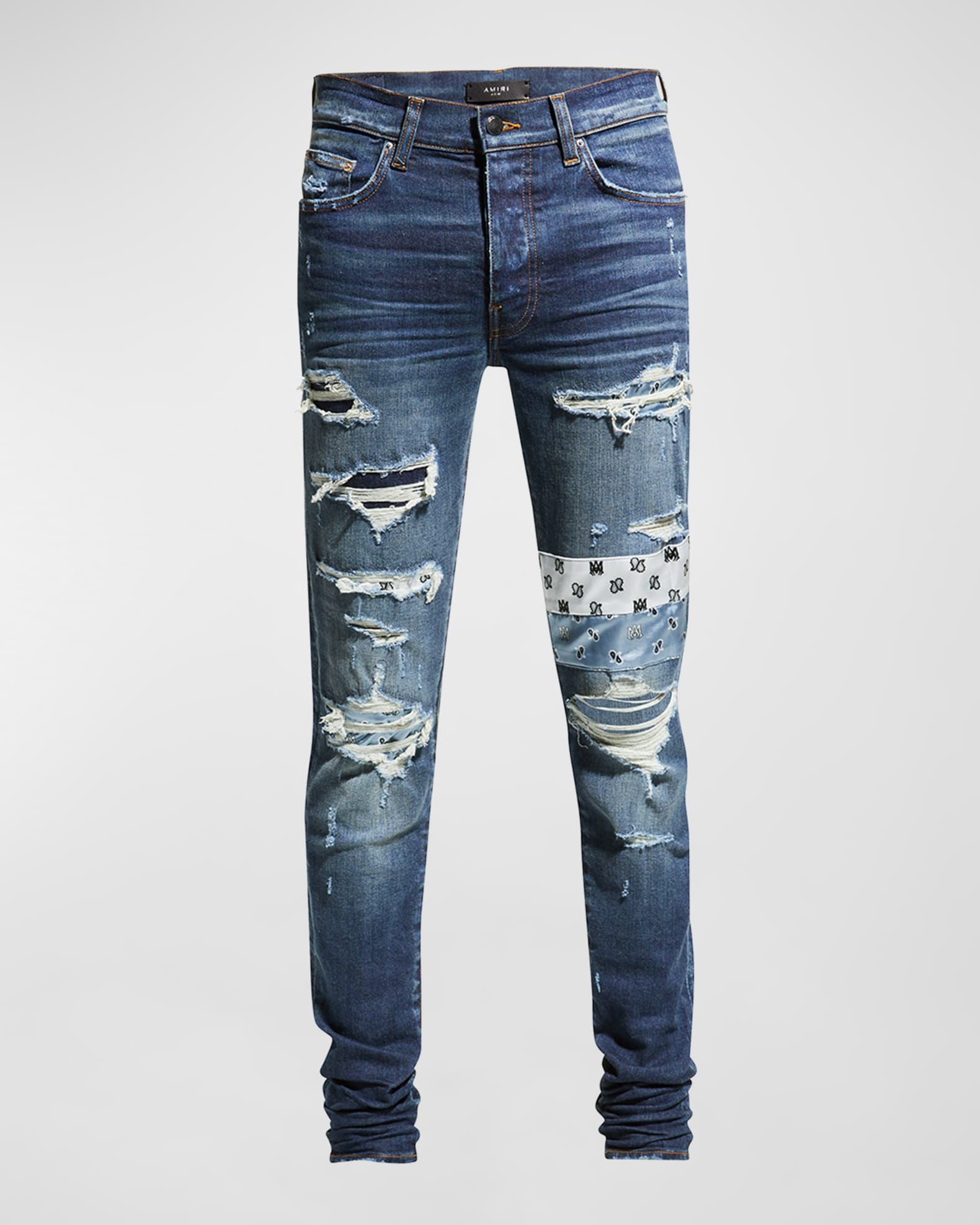 Amiri Men's Paisley-Patch Destroyed Skinny Jeans | Neiman Marcus