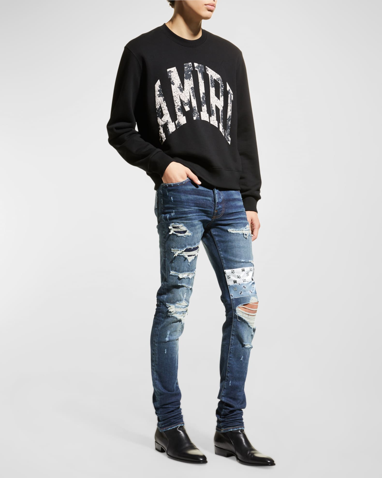 Amiri Men's Paisley-Patch Destroyed Skinny Jeans | Neiman Marcus