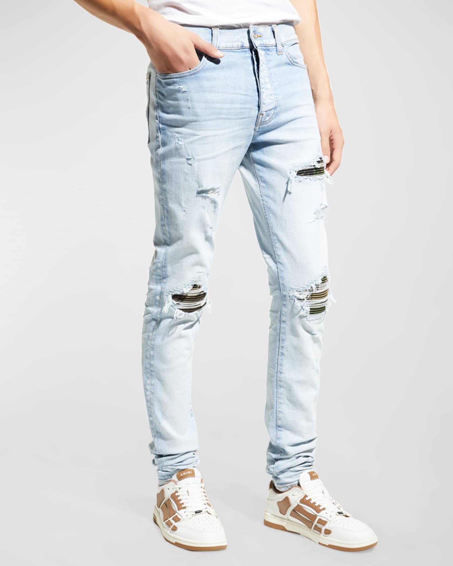 Amiri Men's MX1 Destroyed Camo-Insert Jeans | Neiman Marcus
