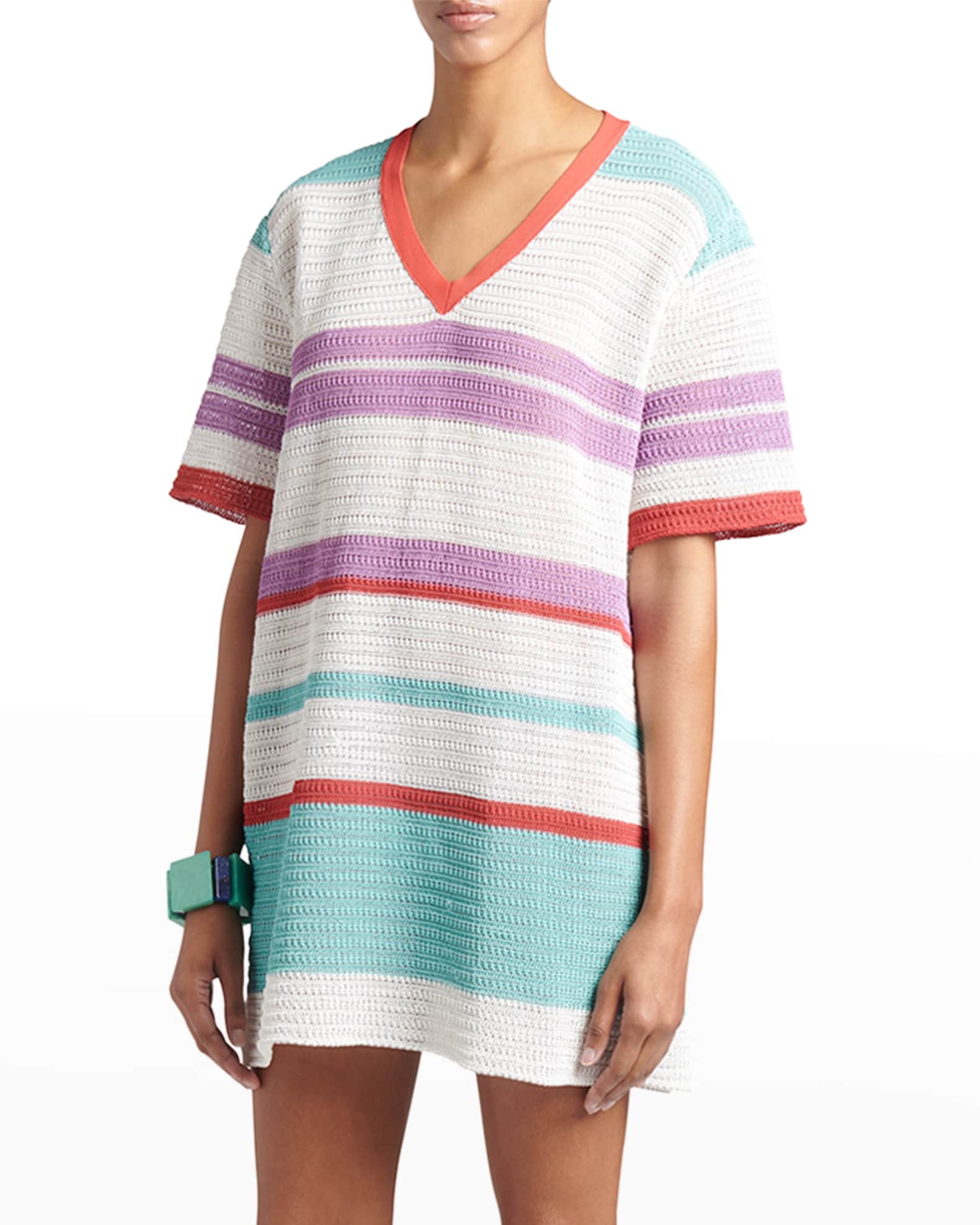 Giorgio Armani Striped Crochet Mini T-Shirt Dress | Neiman Marcus