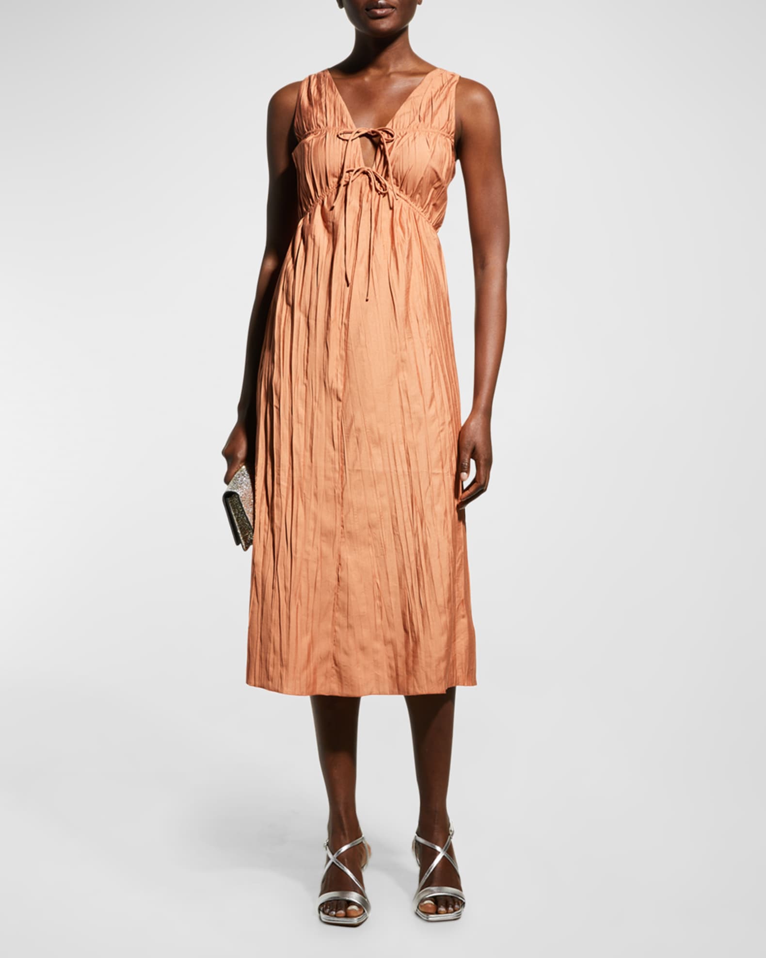 FRAME Cinched VNeck Crinkled Midi Dress Neiman Marcus