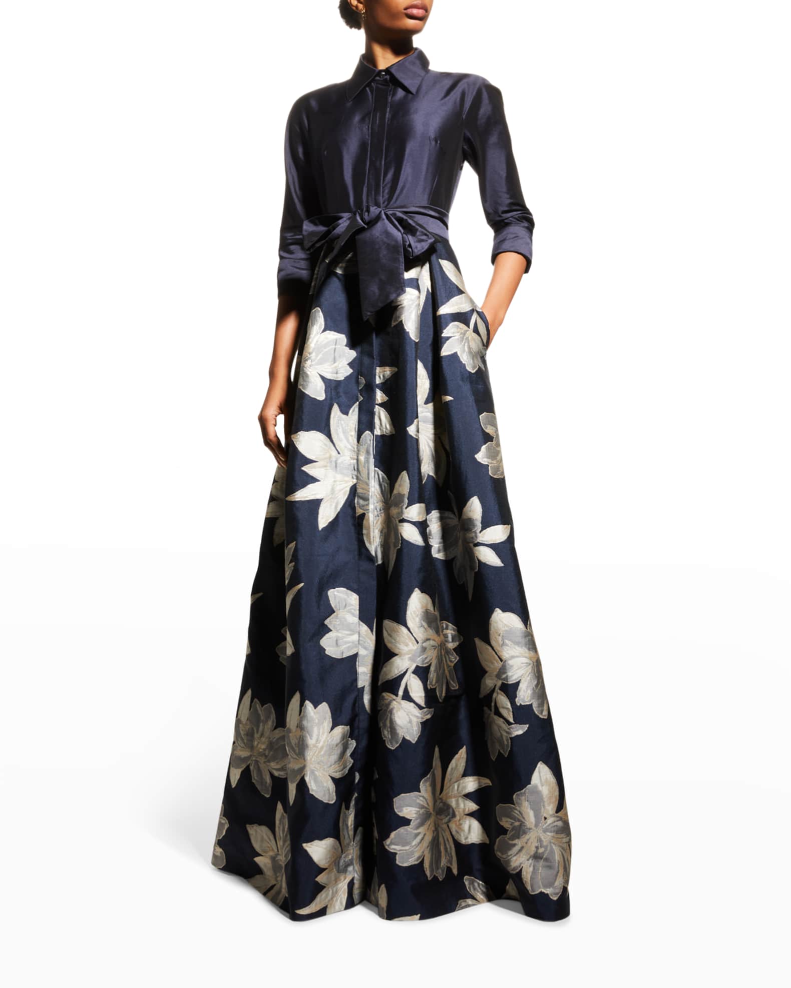 Rickie Freeman for Teri Jon Floral Jacquard Shirtdress Gown | Neiman Marcus