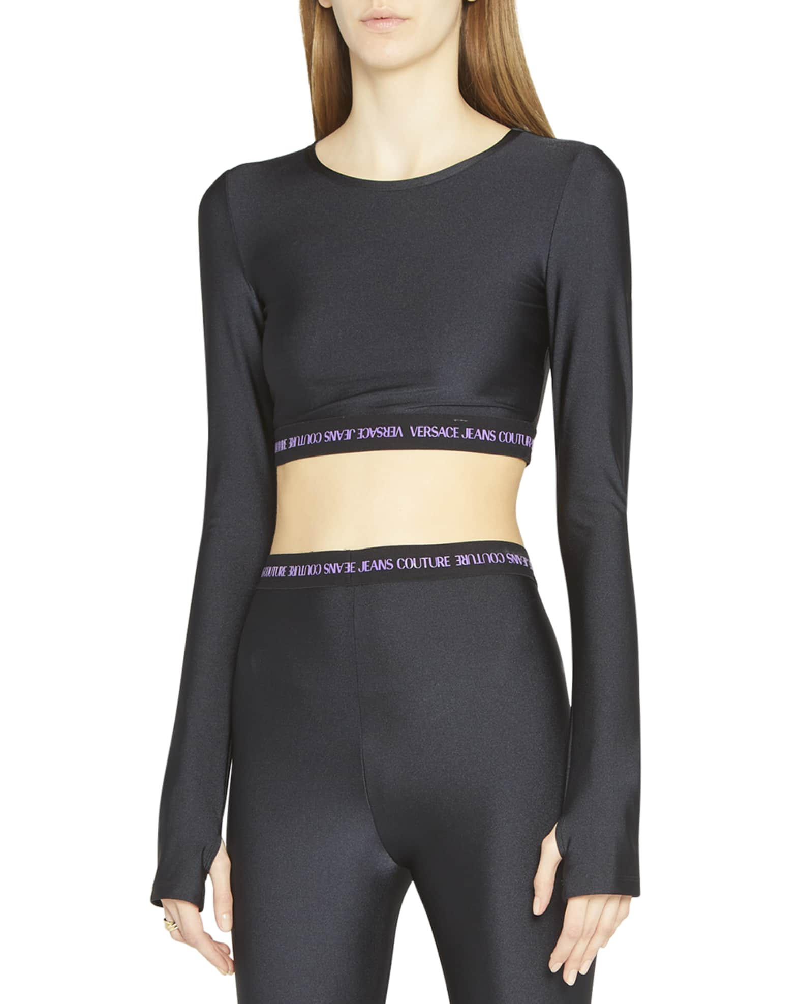 Versace Jeans Couture Long Sleeve Logo-Print Crop Top