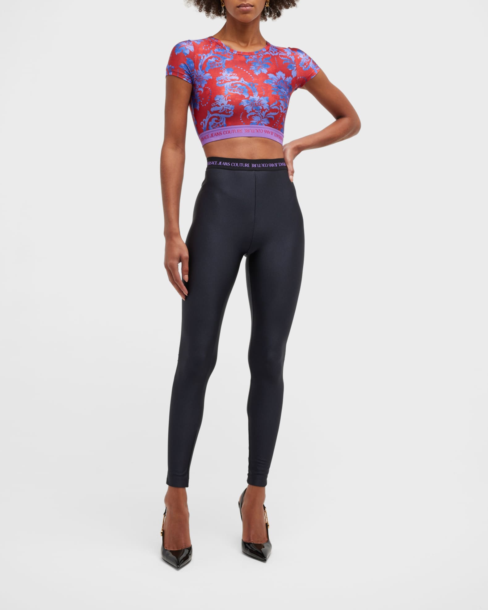 Versace Jeans Couture Logo Banded Crystal Leggings