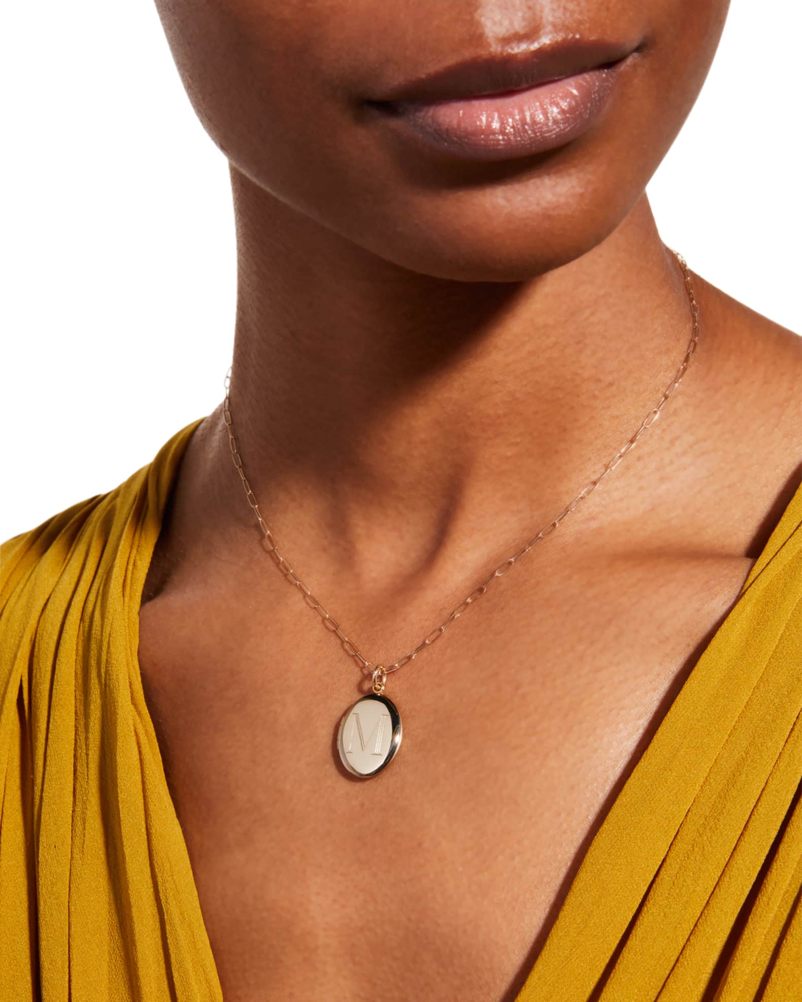 Sarah Chloe Charli 14K Gold Medium Block Initial Locket on Paperclip Chain 18 L Neiman Marcus