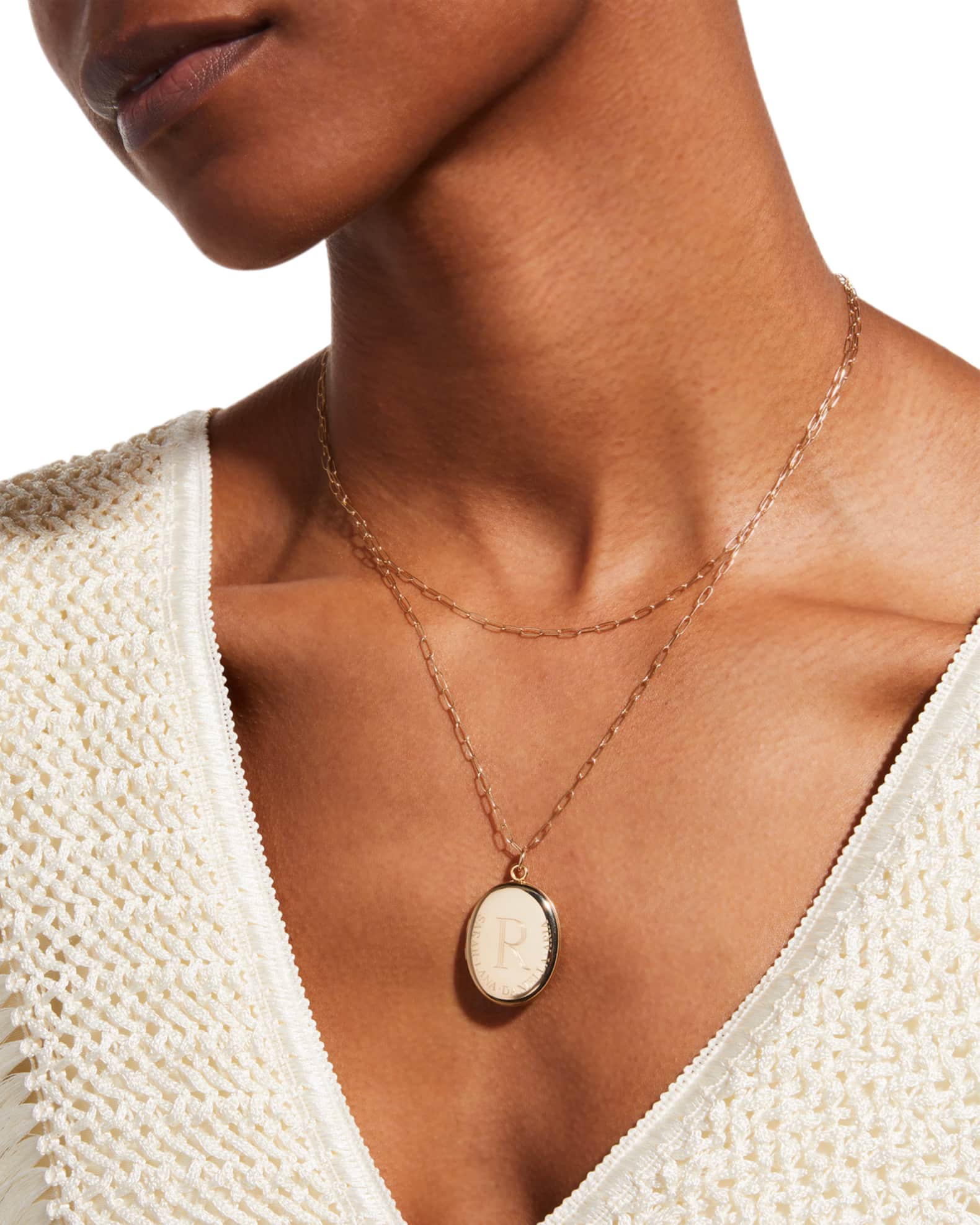 Charli Large Monogram Locket on Paperclip Chain, 36"L 1