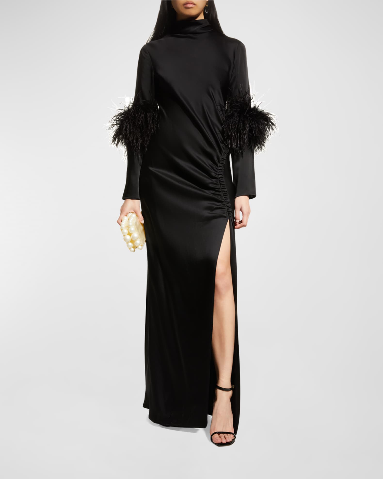 LAPOINTE Feather-Trim Ruched Satin Bias Gown | Neiman Marcus