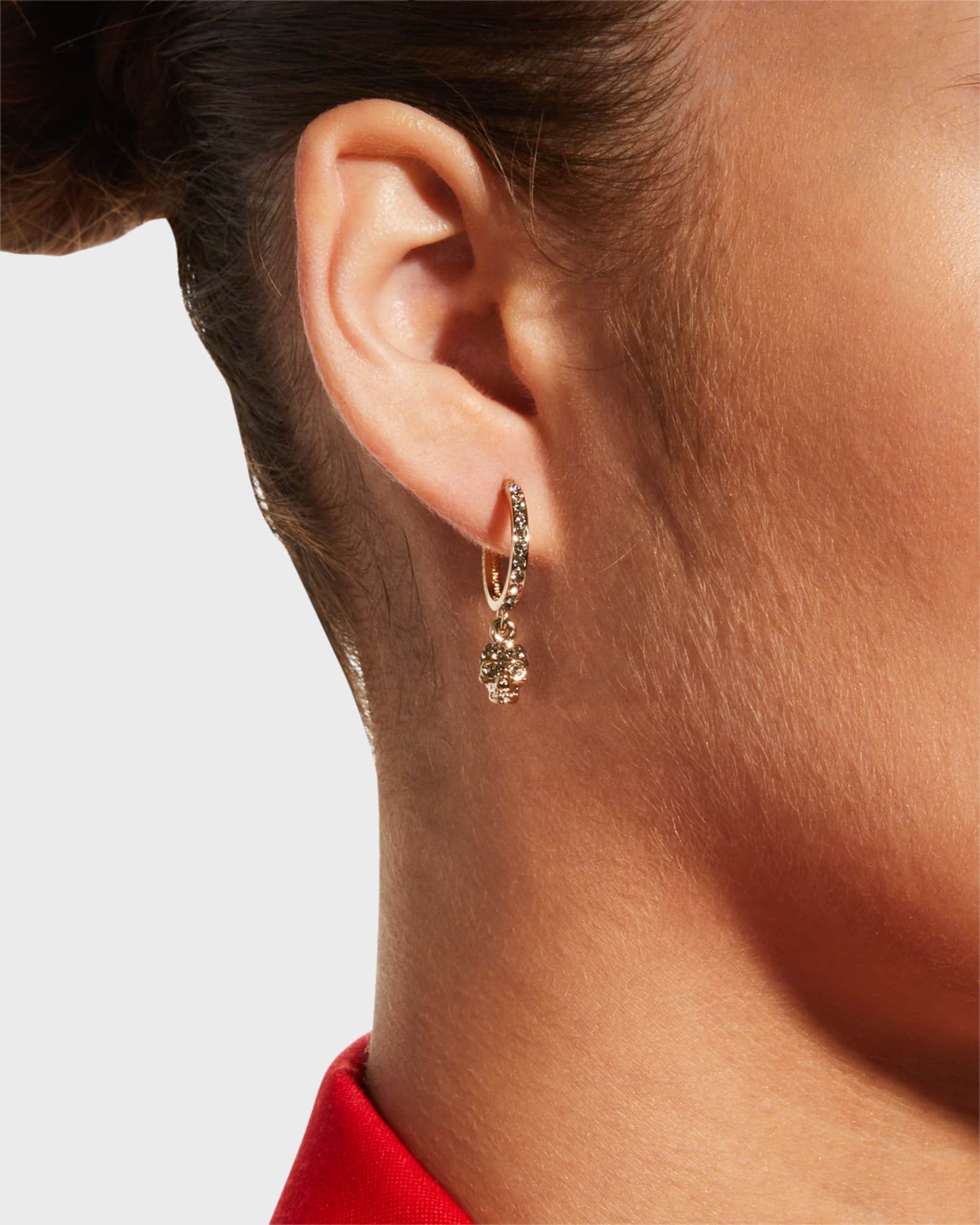 Pave Skull Hoop Drop Earrings, Gold 1