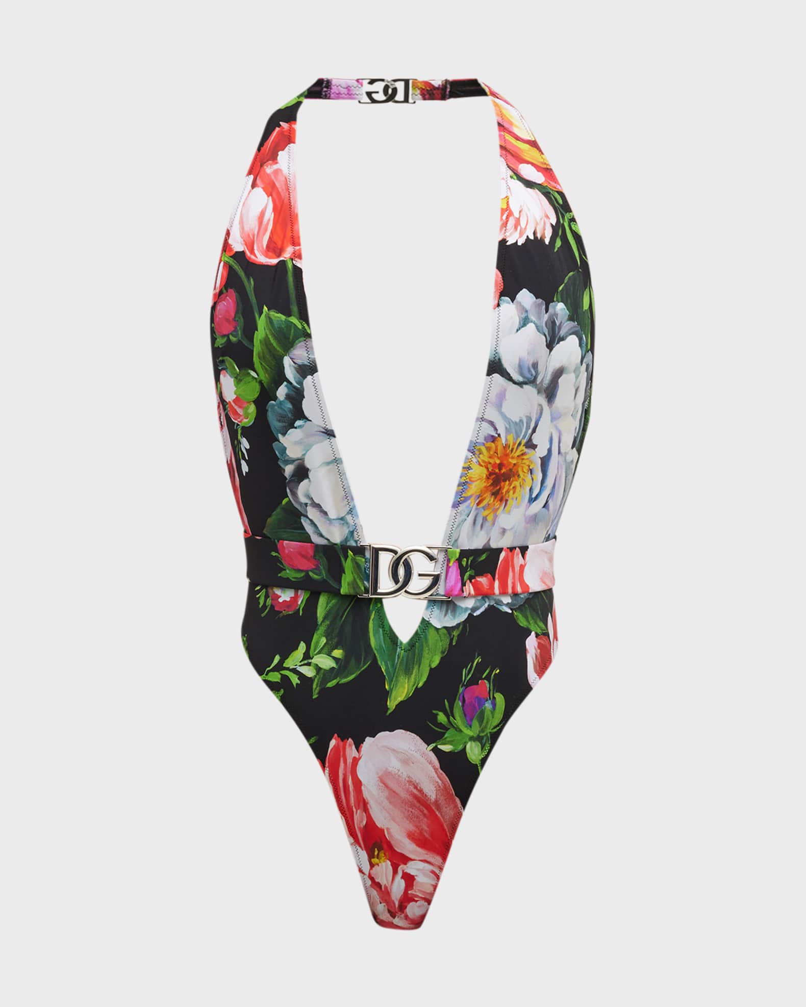 Dolce&Gabbana Belted Floral-Print Plunge One-Piece Swimsuit | Neiman Marcus