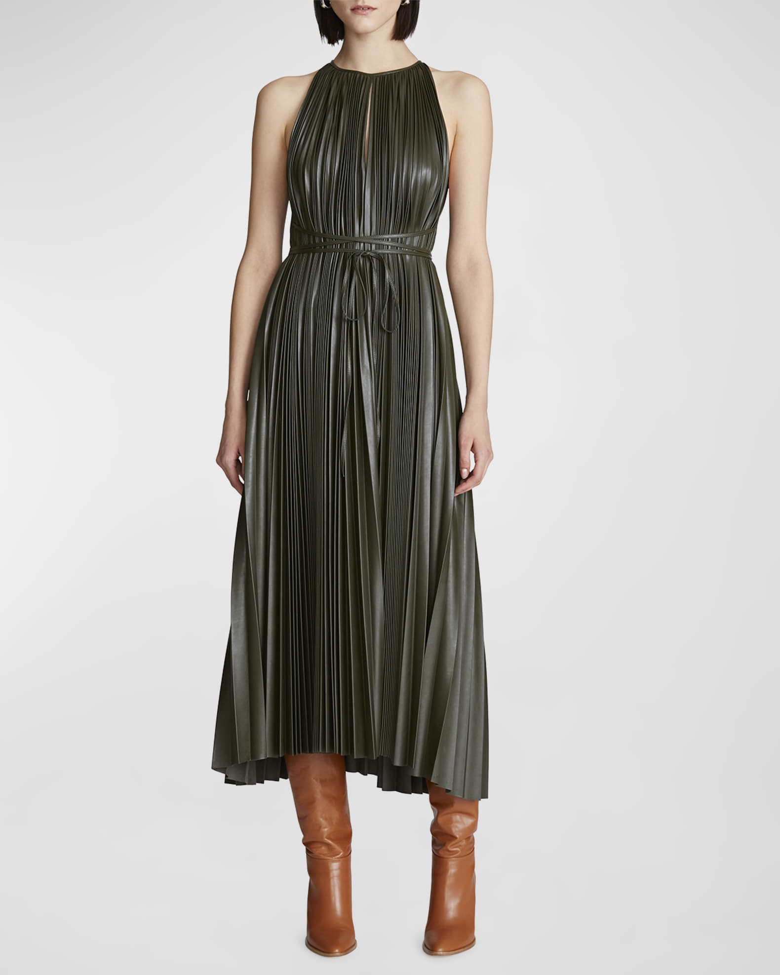 Halston Noah Pleated Faux Leather Midi Dress Neiman Marcus