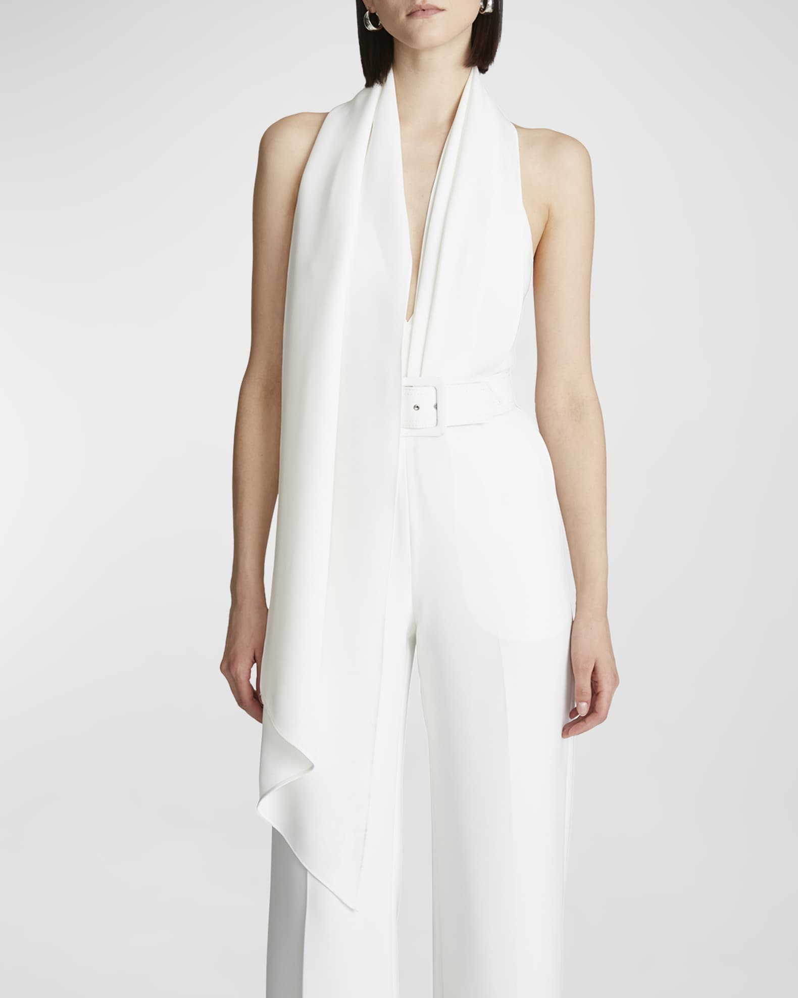 Halston Mel Belted Deep VNeck Crepe Jumpsuit Neiman Marcus