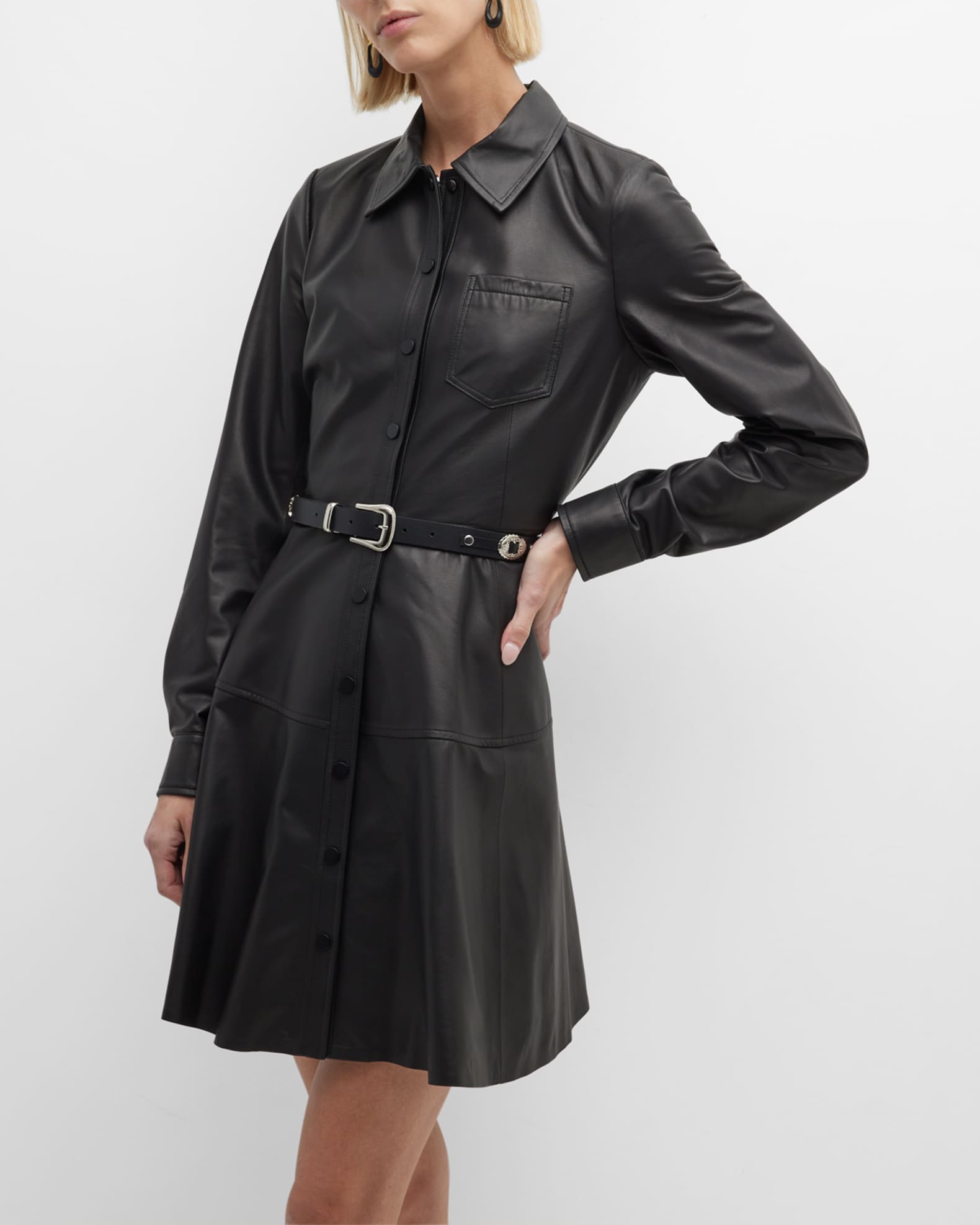 Jason Wu Long-Sleeve Leather Mini Shirtdress | Neiman Marcus