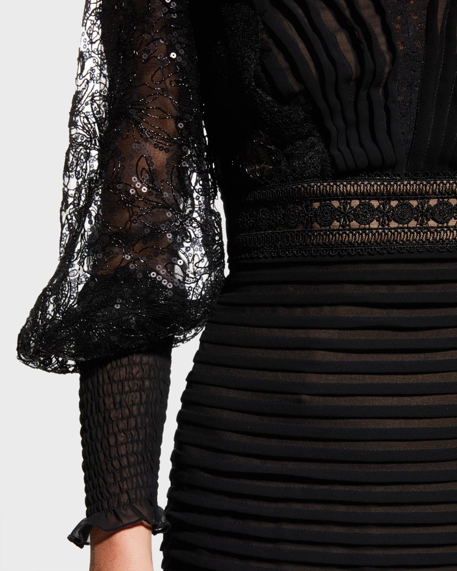 Tadashi Shoji Pleated Sequin Lace Trim Dress Neiman Marcus