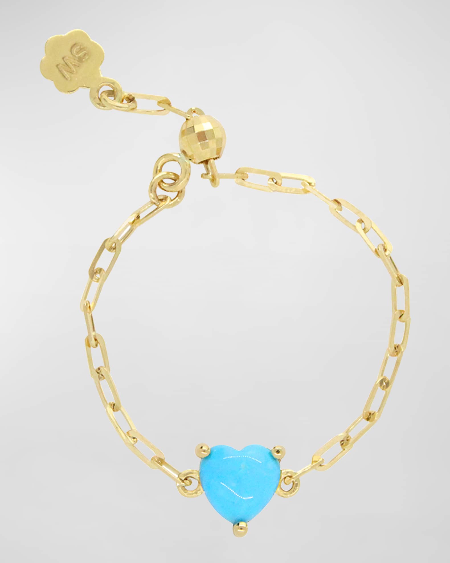 18K Gold Turquoise Heart Adjustable Chain Ring 0