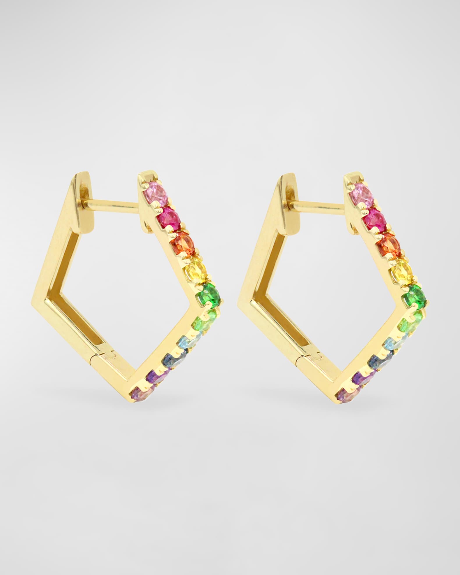 Rainbow Gemstone 14K Pentagon Hoop Earrings 1