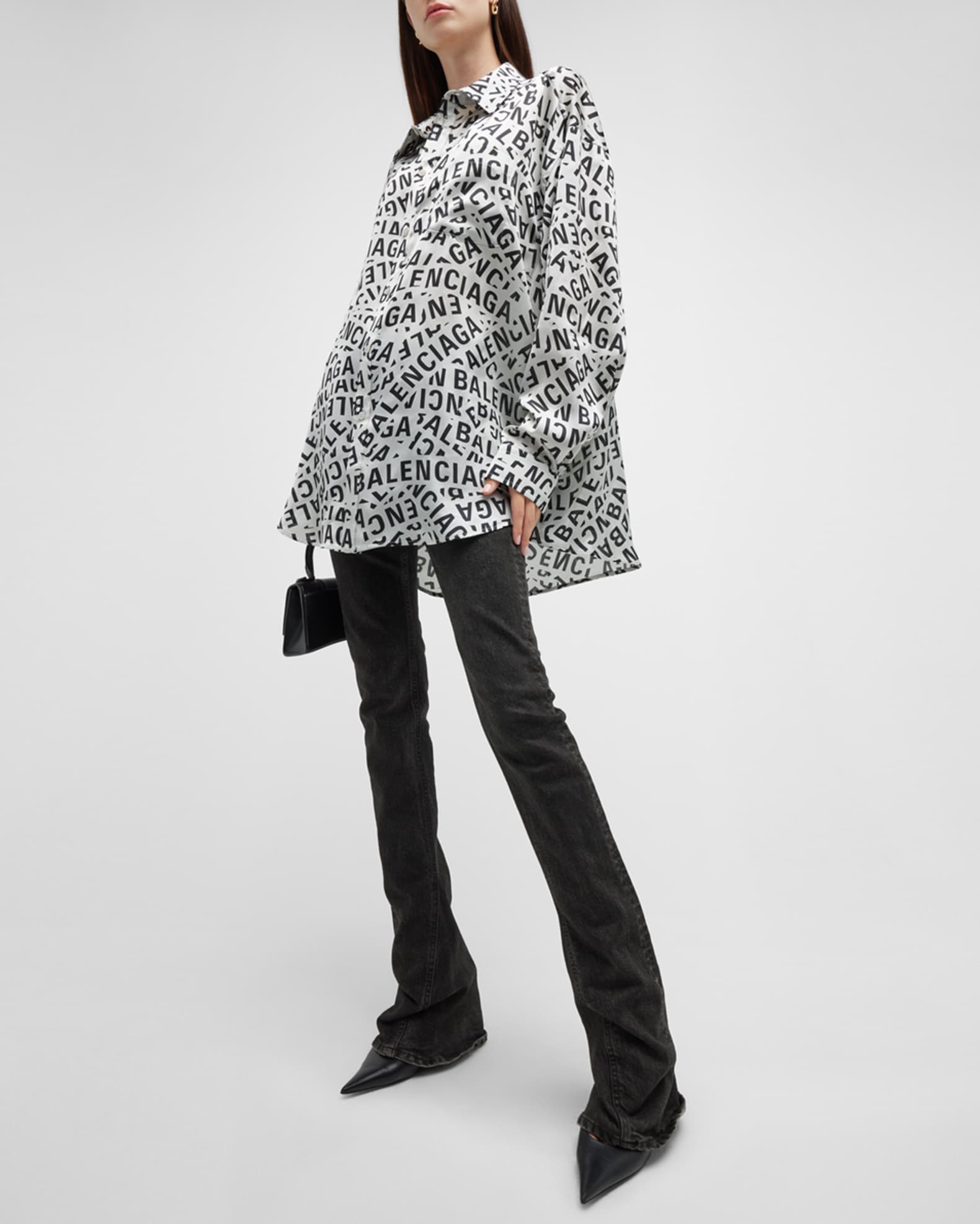 Balenciaga Logo Tape-Print Oversized Satin Shirt | Neiman Marcus 