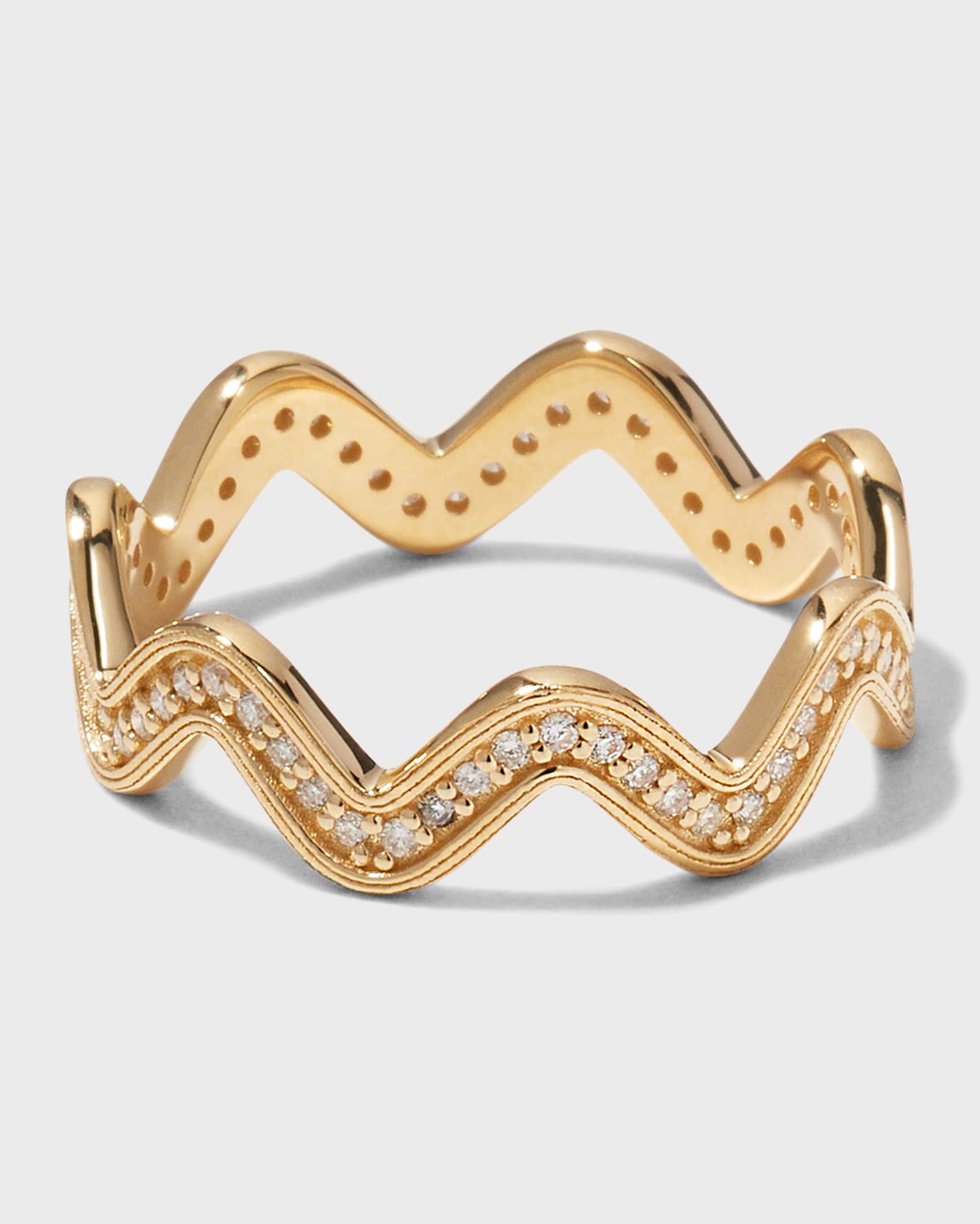 Yellow Gold Wavy Ring with Diamonds, Size 7 0