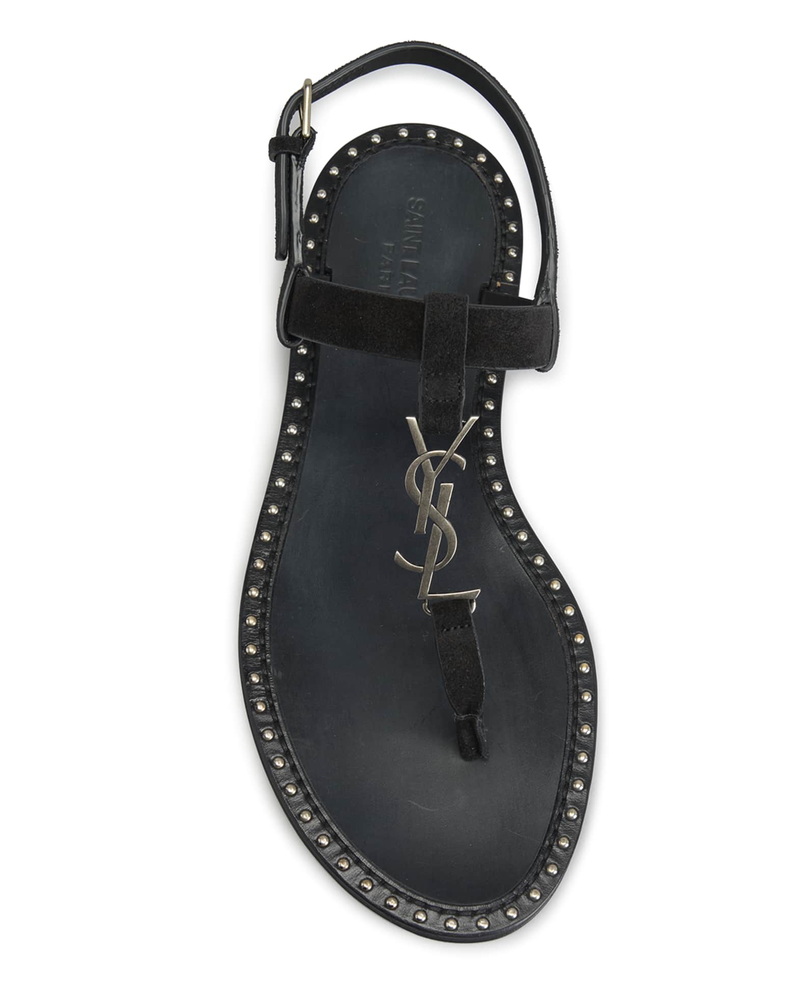 Saint Laurent Leather YSL T-Strap Thong Sandals | Neiman Marcus