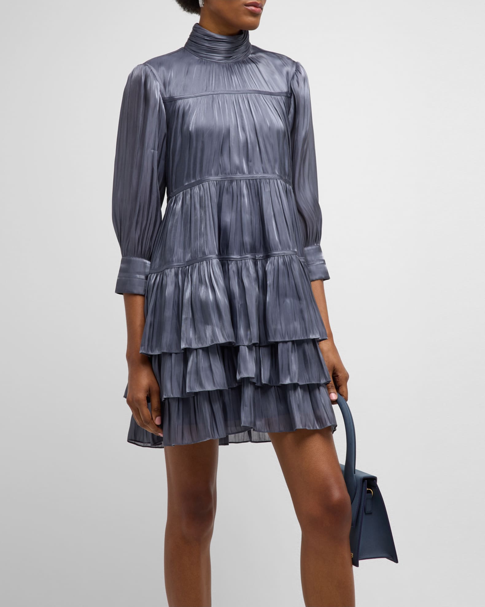 Cinq a Sept Riva Satin Plisse Tiered Turtleneck Mini Dress | Neiman Marcus