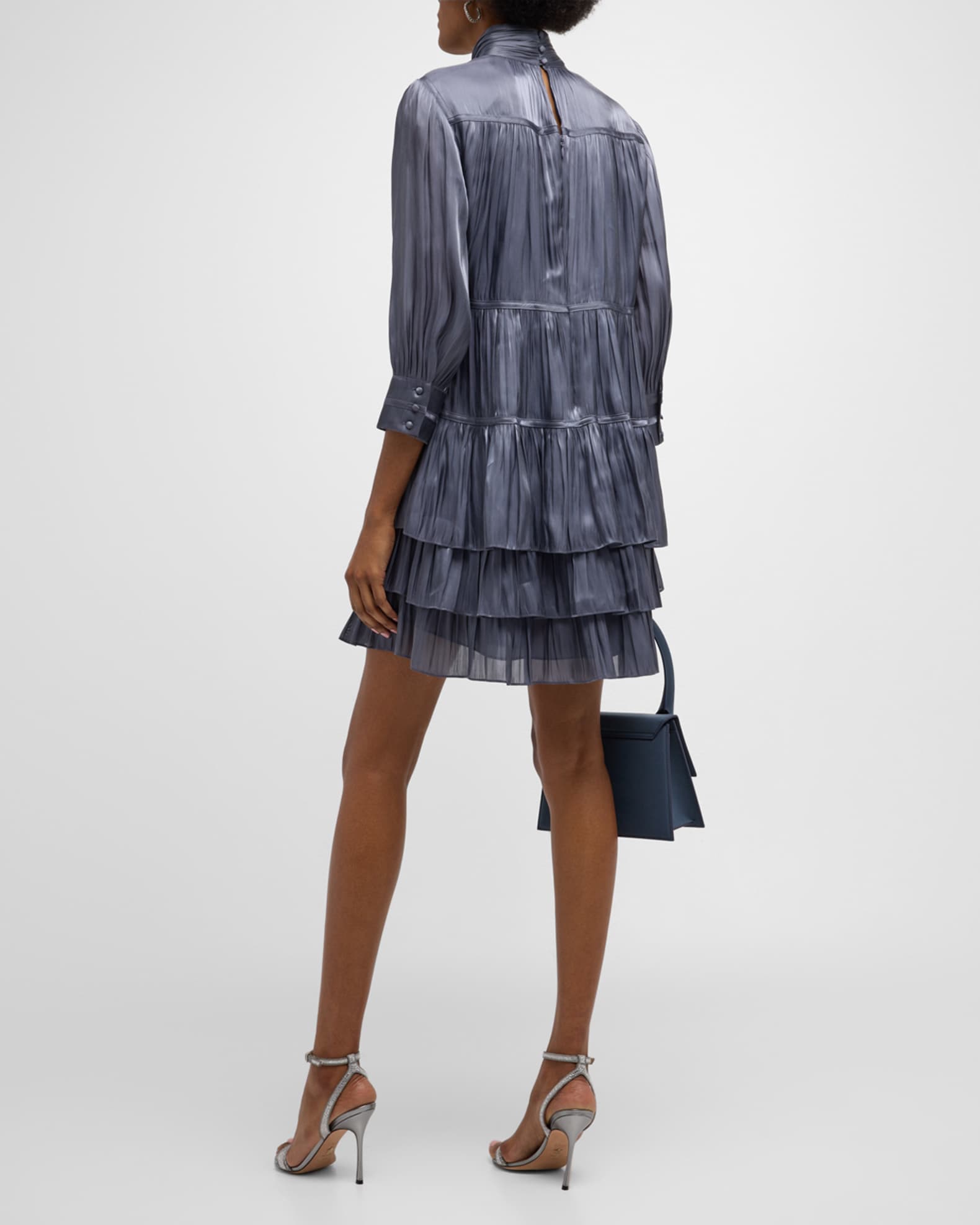 Cinq a Sept Riva Satin Plisse Tiered Turtleneck Mini Dress | Neiman Marcus