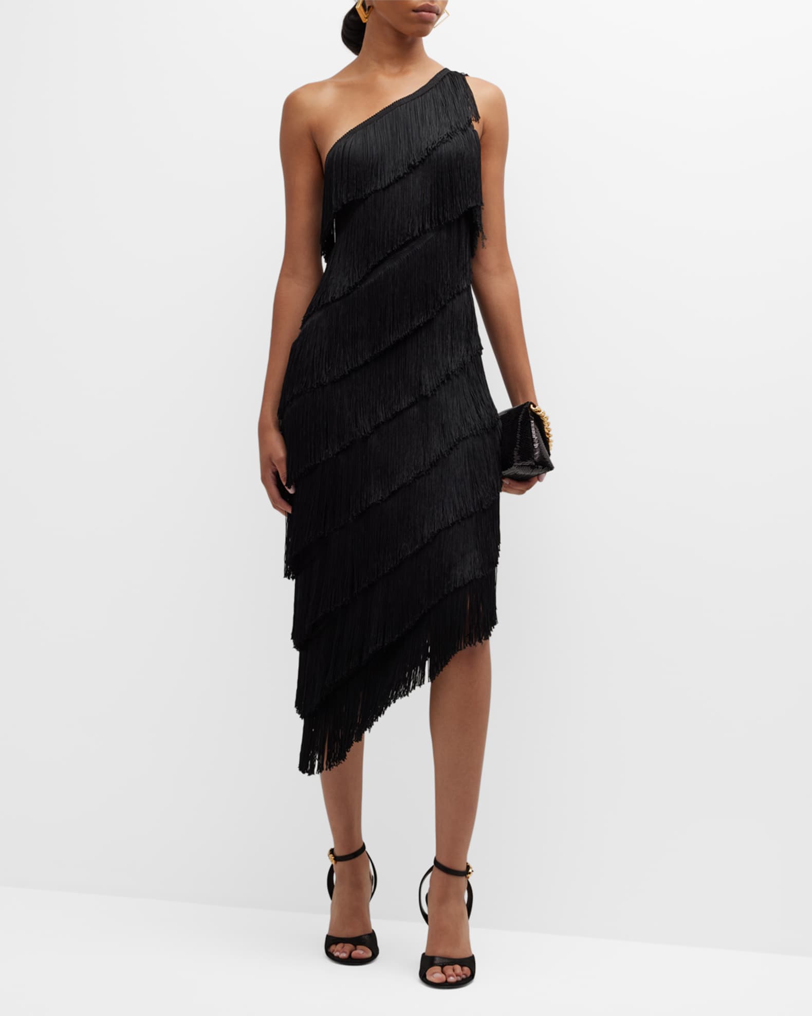 Norma Kamali One-Shoulder Fringe Midi Dress | Neiman Marcus