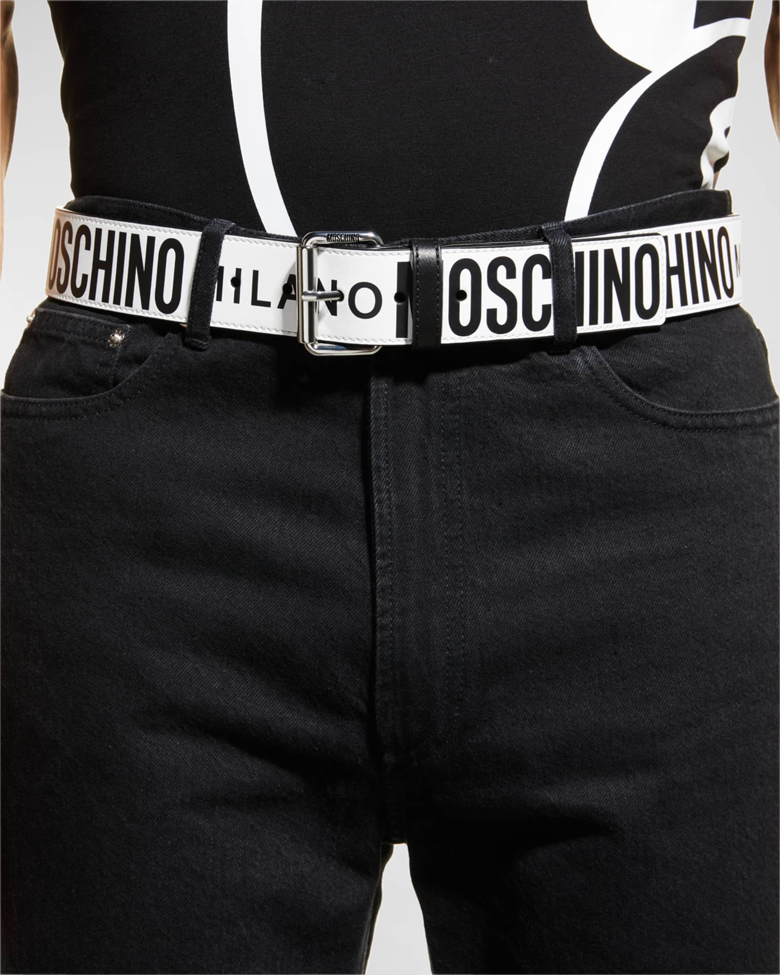 Moschino Men's Allover Logo Leather Belt Neiman Marcus