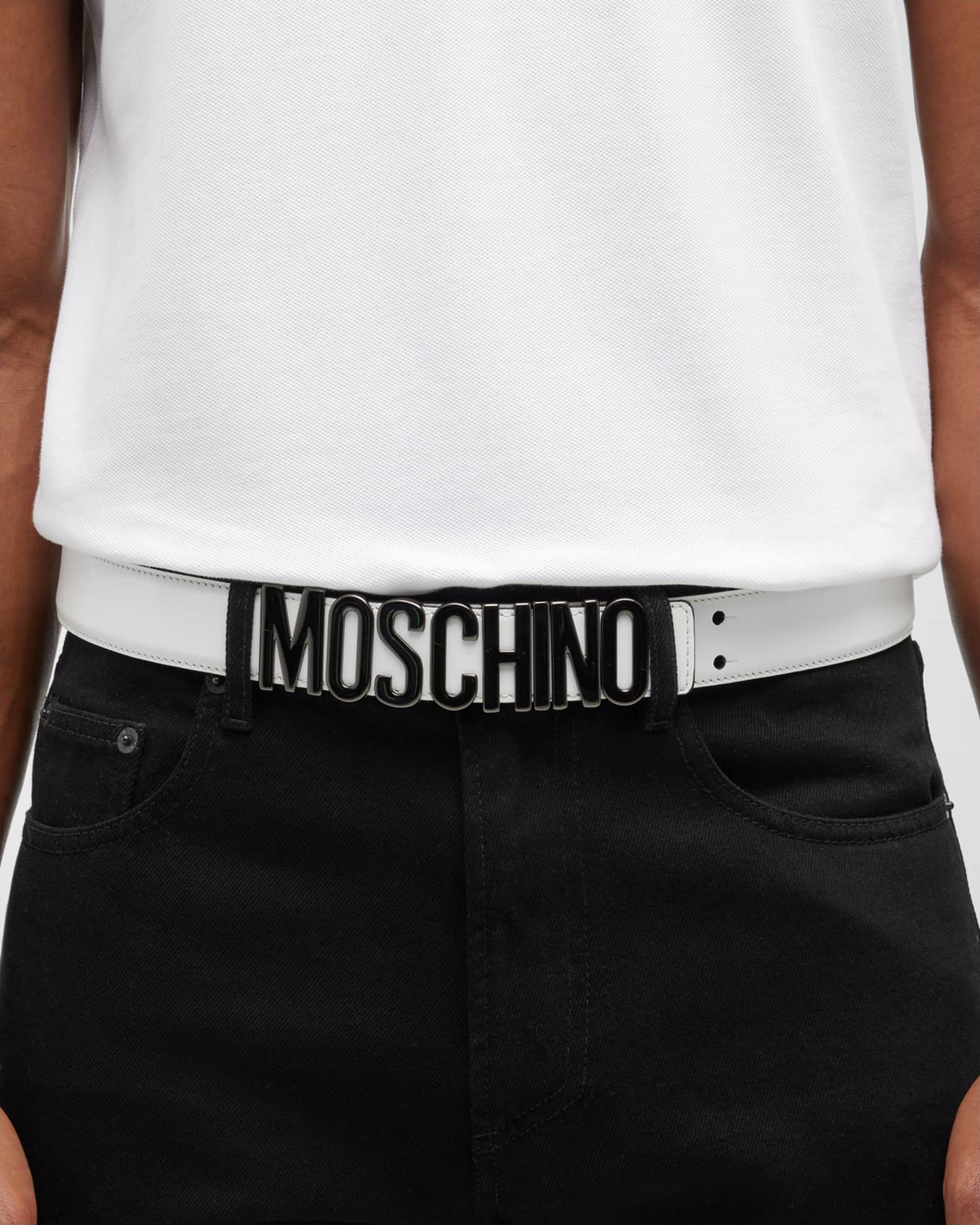 NWT Authentic Moschino Ladies Black Leather Silver Logo Belt