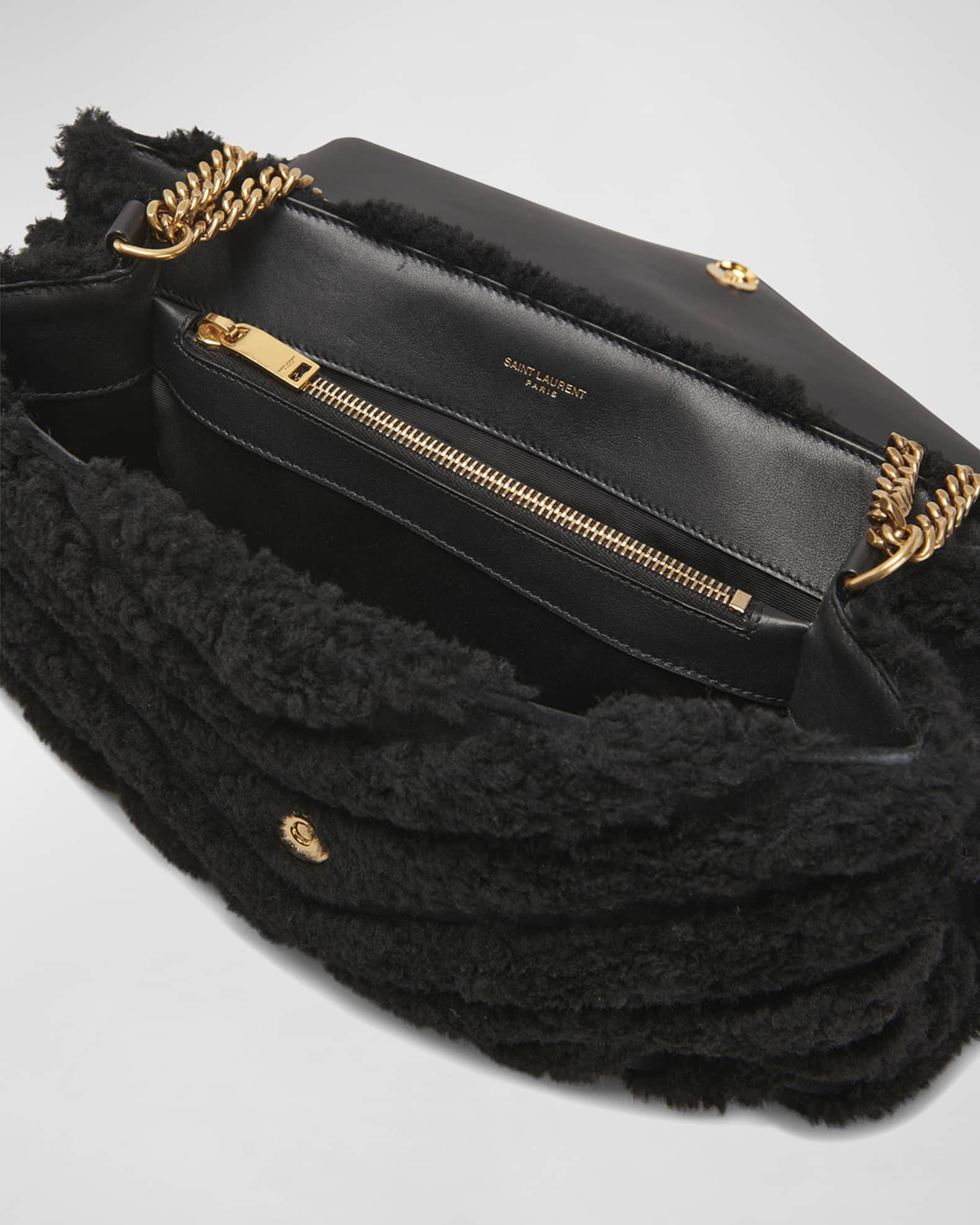 Saint Laurent Loulou Small Ysl Shearling Shoulder Bag Nero