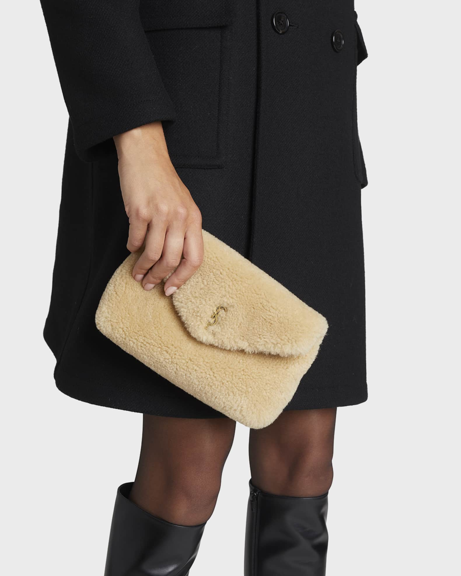 SAINT LAURENT Shearling Quilted Sade Puffer Envelope Clutch