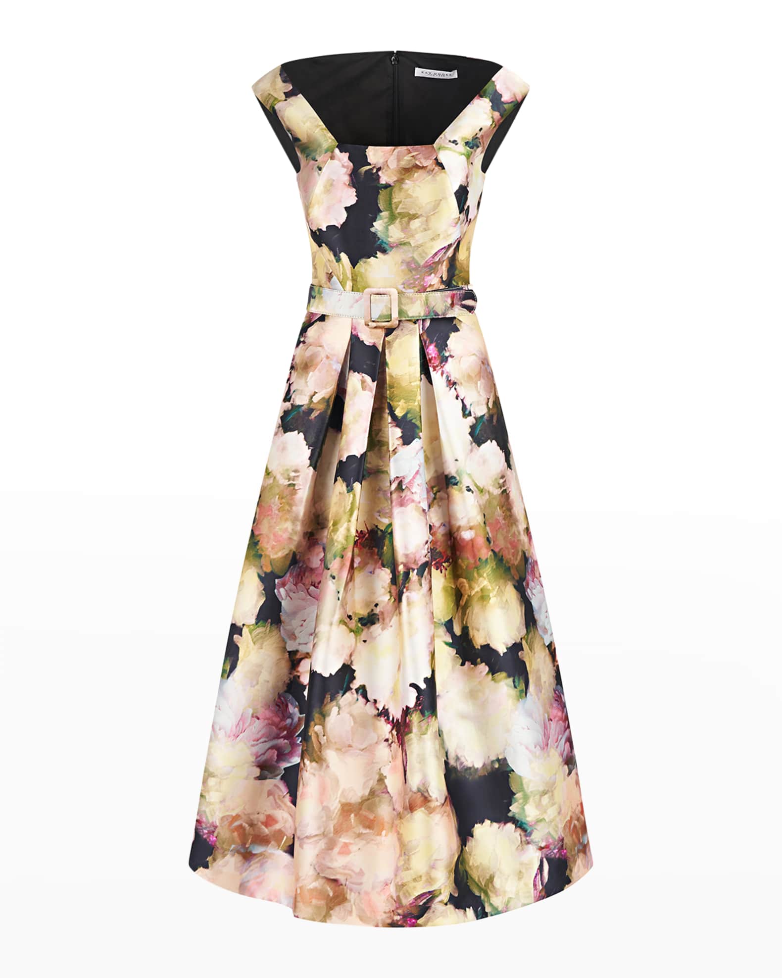 Kay Unger New York Pleated Floral-Print Midi Dress w/ Belt | Neiman Marcus