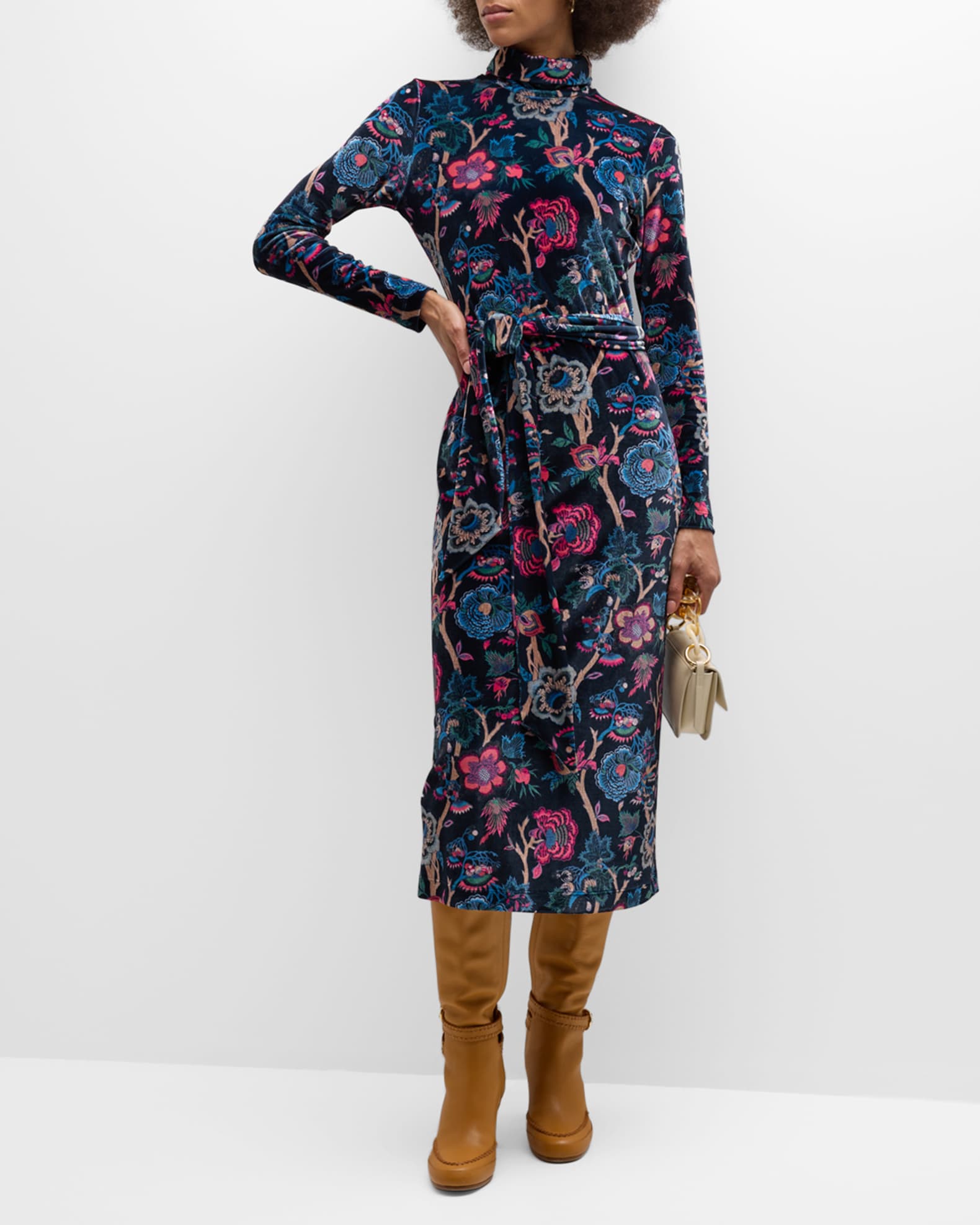 Cara Cara Piper Velvet Belted Turtleneck Midi Dress | Neiman Marcus
