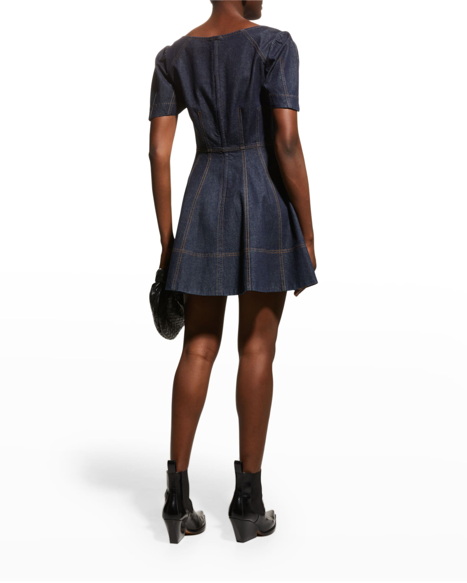 Tanya Taylor Mia Fit-&-Flare Mini Topstitched Denim Dress | Neiman Marcus