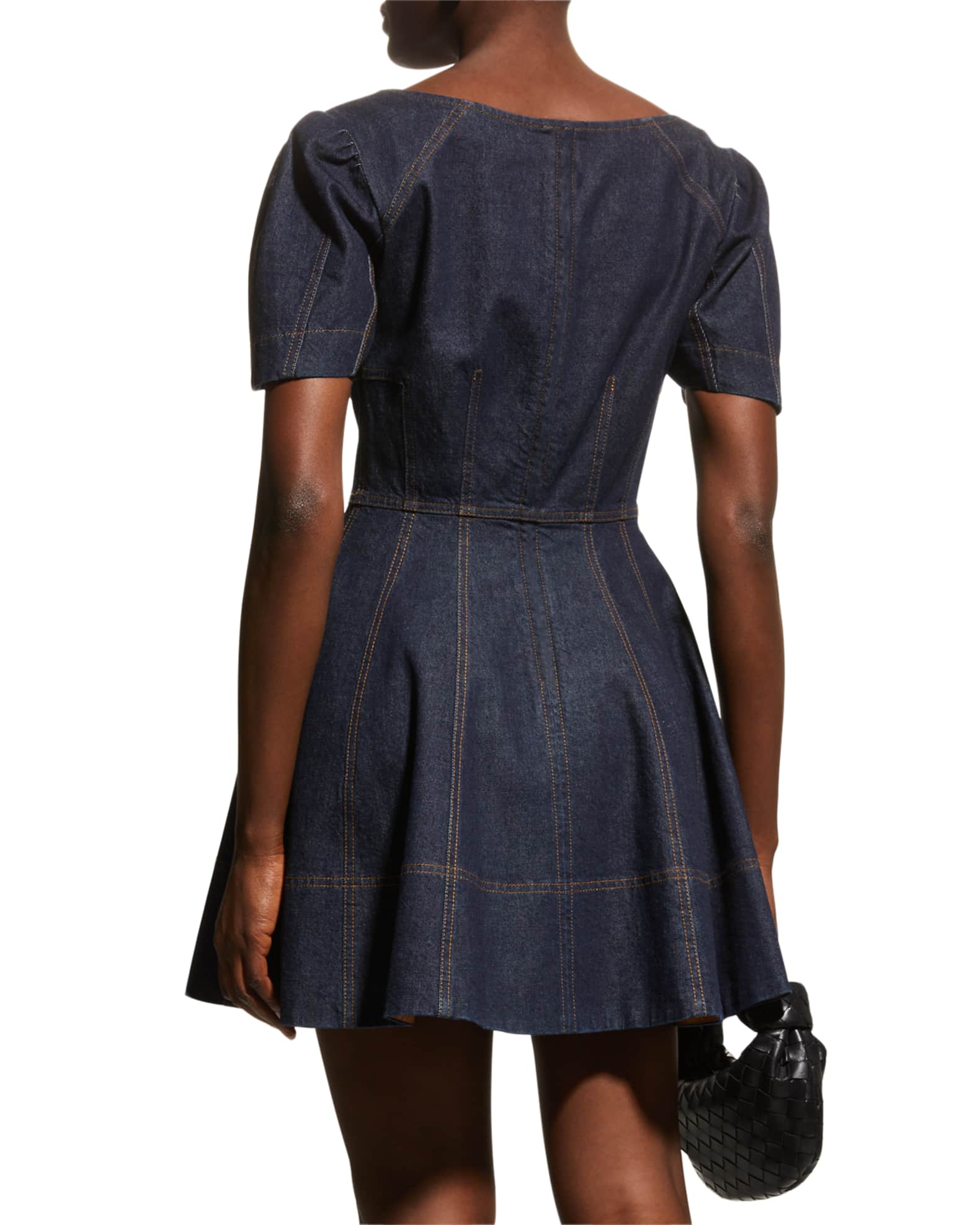Tanya Taylor Mia Fit-&-Flare Mini Topstitched Denim Dress | Neiman Marcus