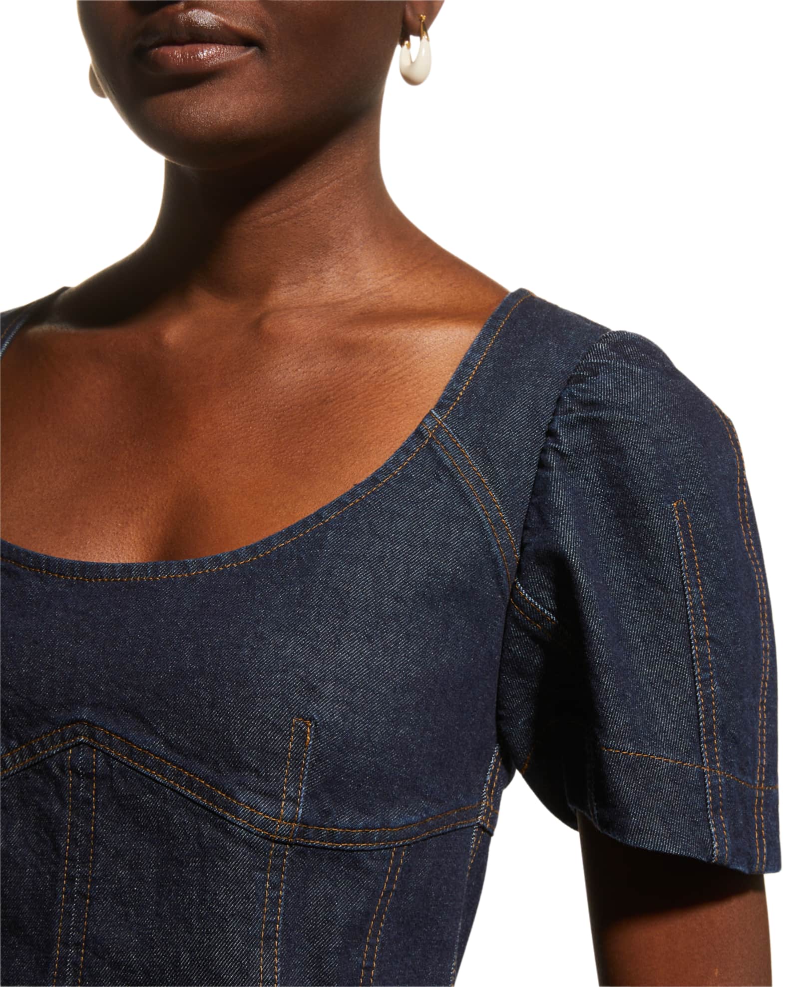 Tanya Taylor Mia Fit-&-Flare Mini Topstitched Denim Dress | Neiman Marcus