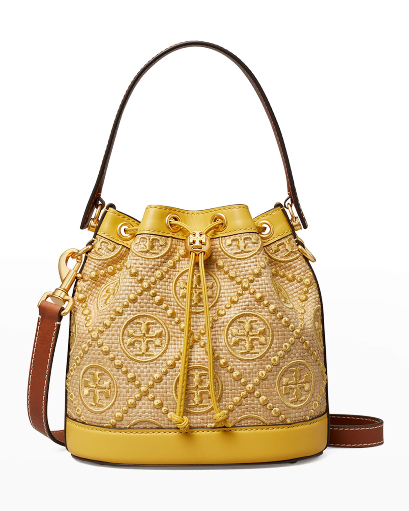 Tory Burch T Monogram Straw Bucket Bag Neiman Marcus