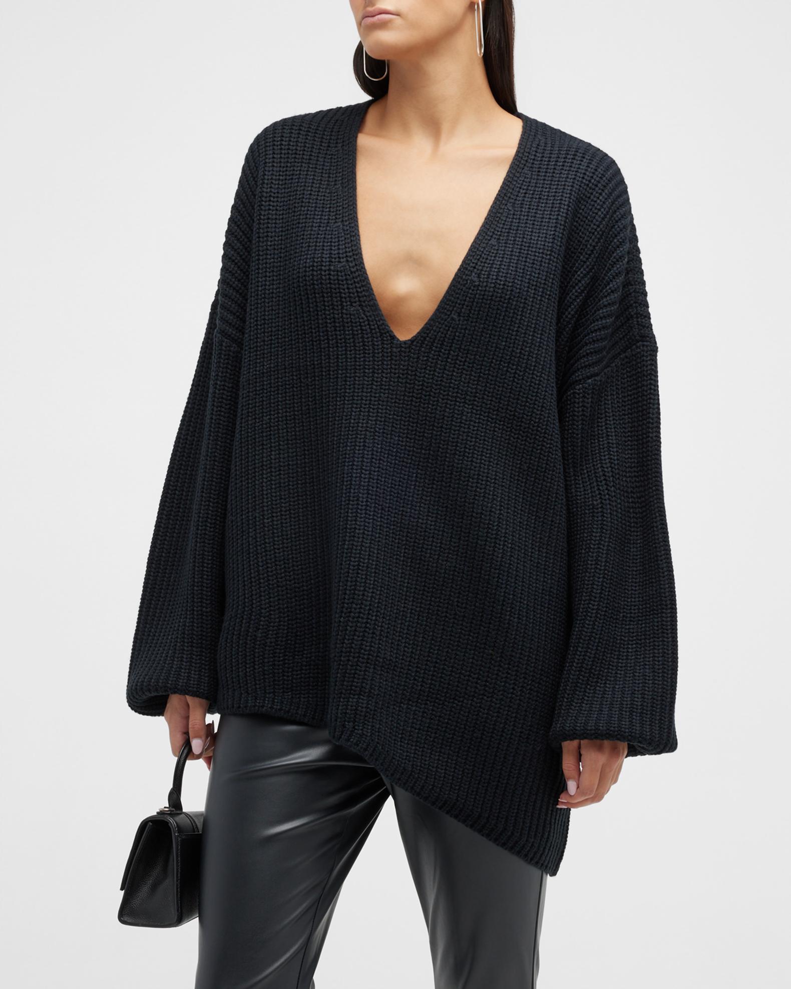 SO ME Oversized Two Tone Textured V Neck Sweater