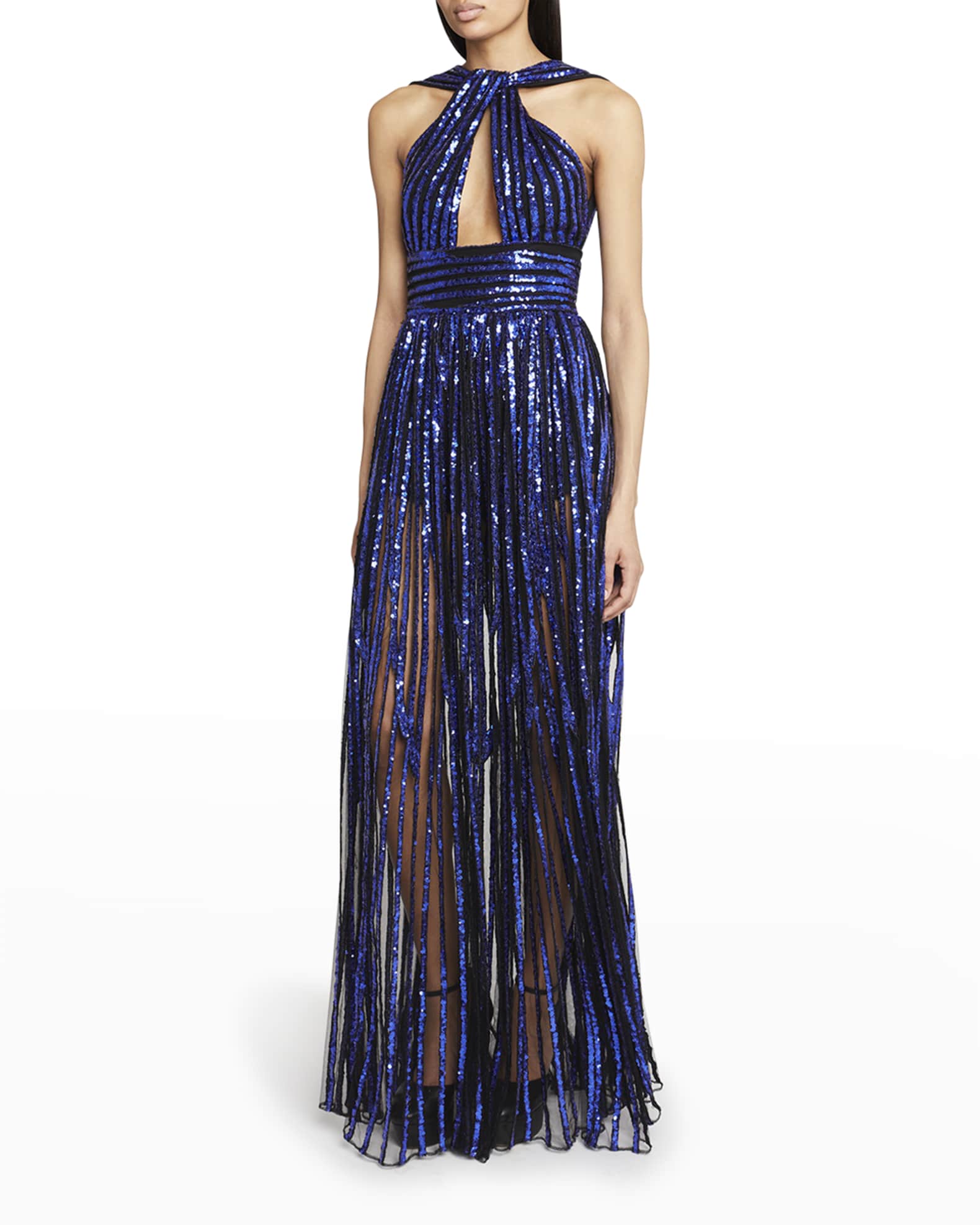 Elie Saab Sequin Striped Keyhole Halter Tulle Gown | Neiman Marcus
