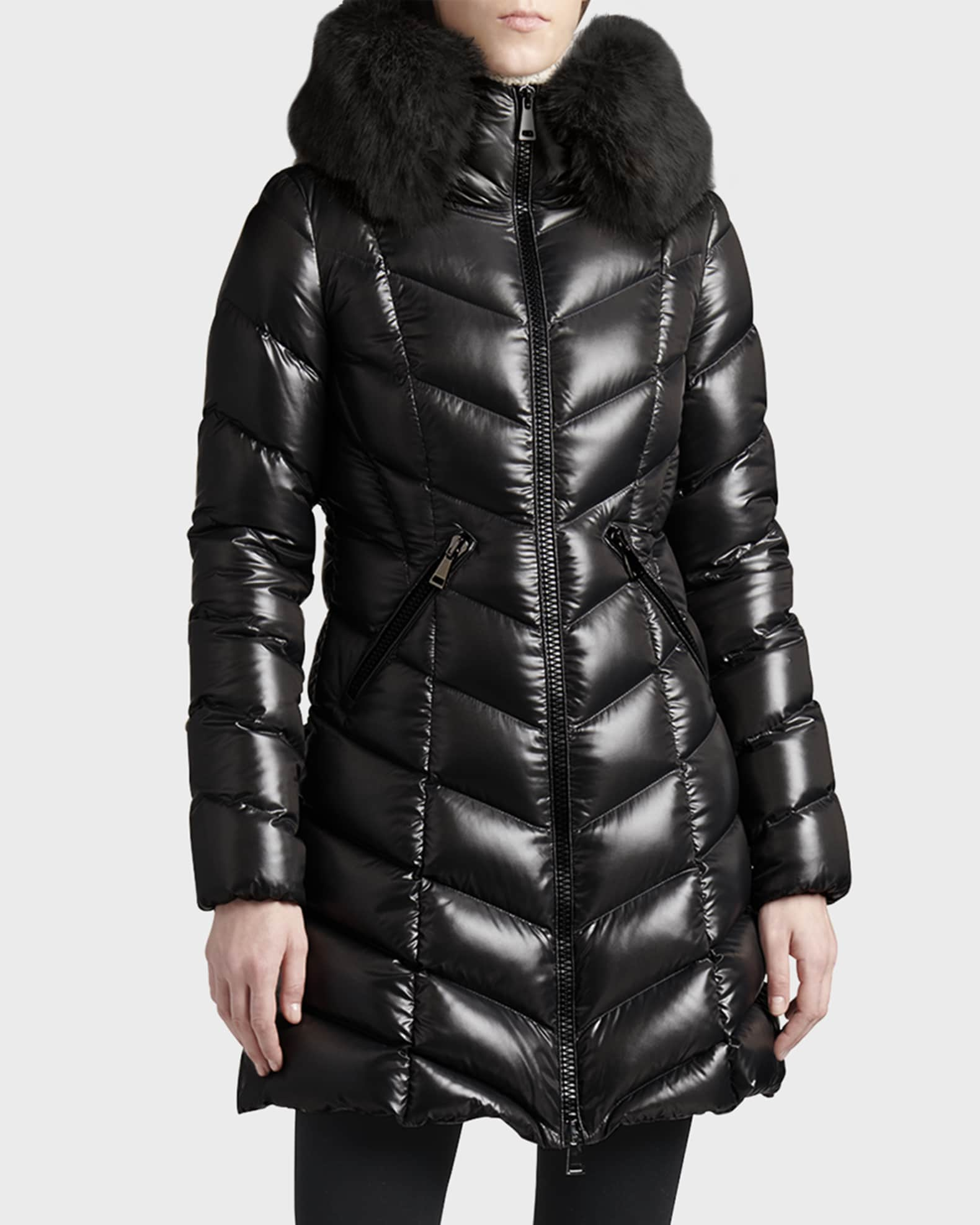 Moncler Women's Marre Long Puffer Coat with Shearling Trim