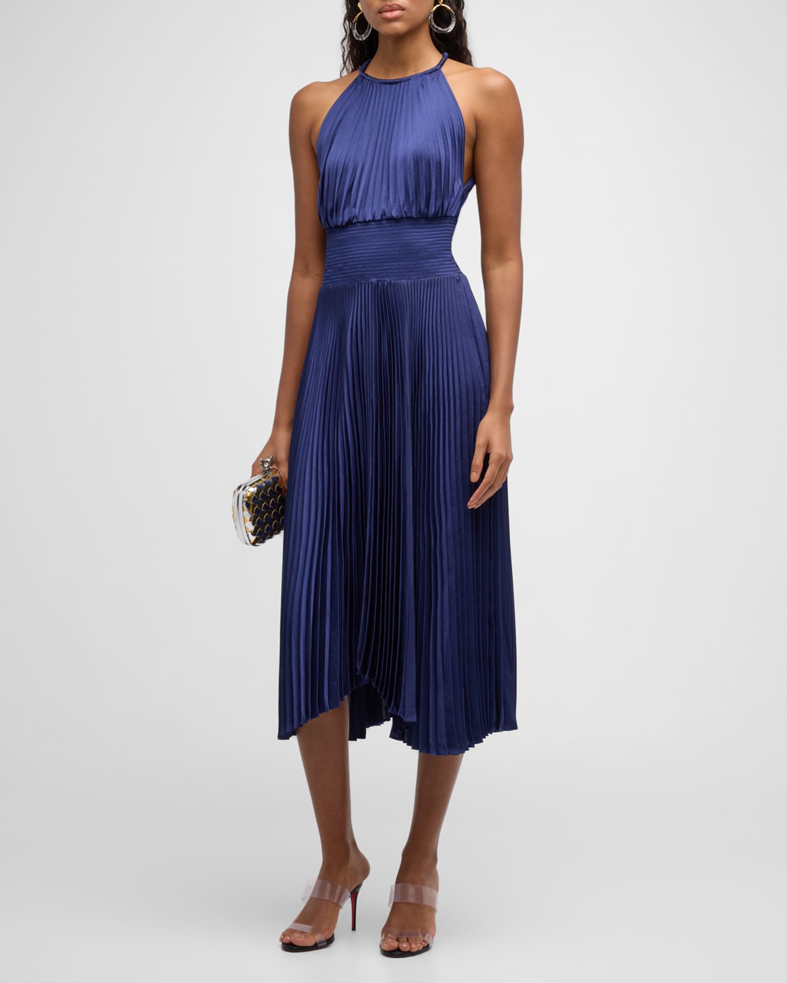 Renzo II Satin Pleated High Neck Midi Dress