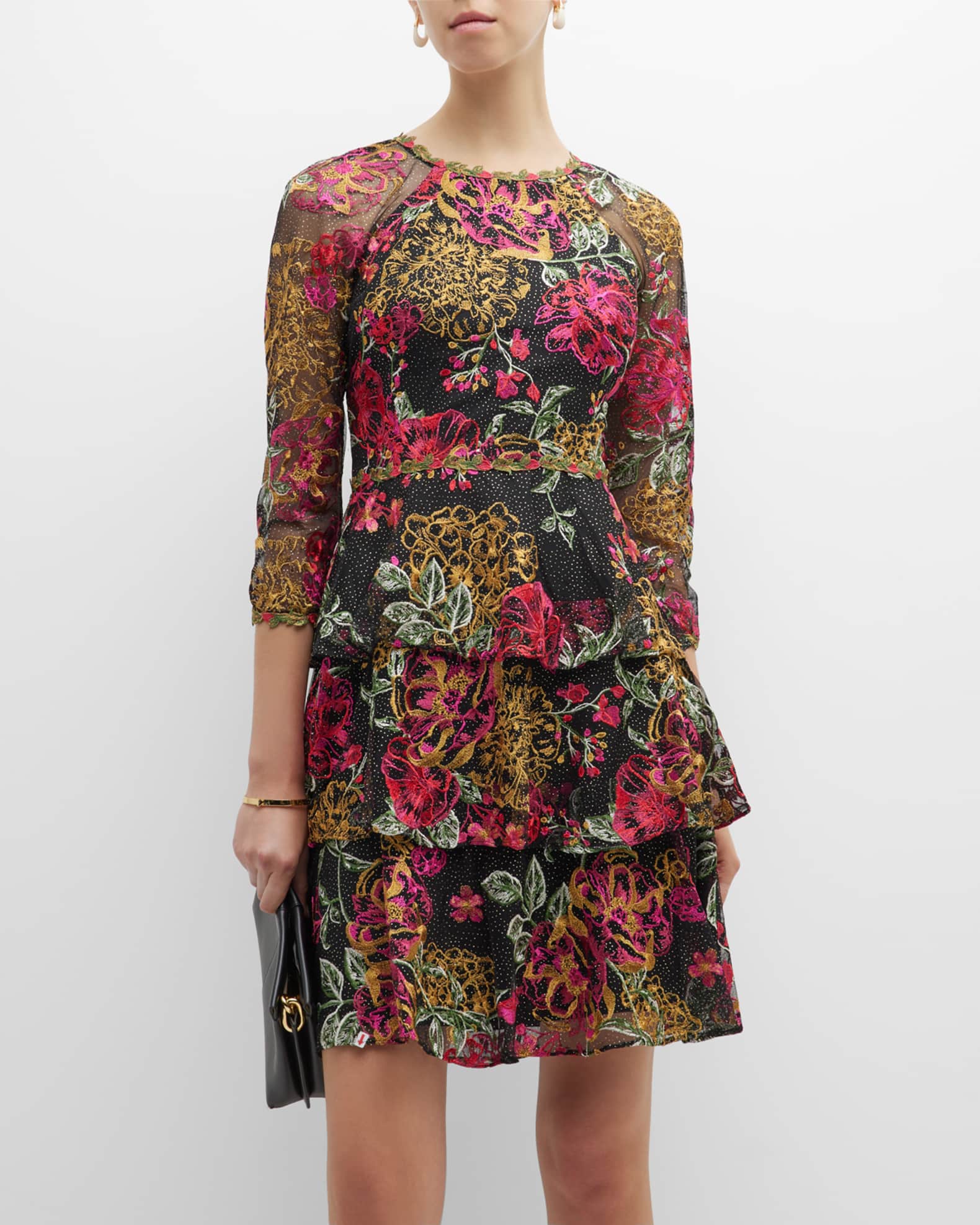 Marchesa Notte Tiered Floral-Embroidered Tulle Dress | Neiman Marcus
