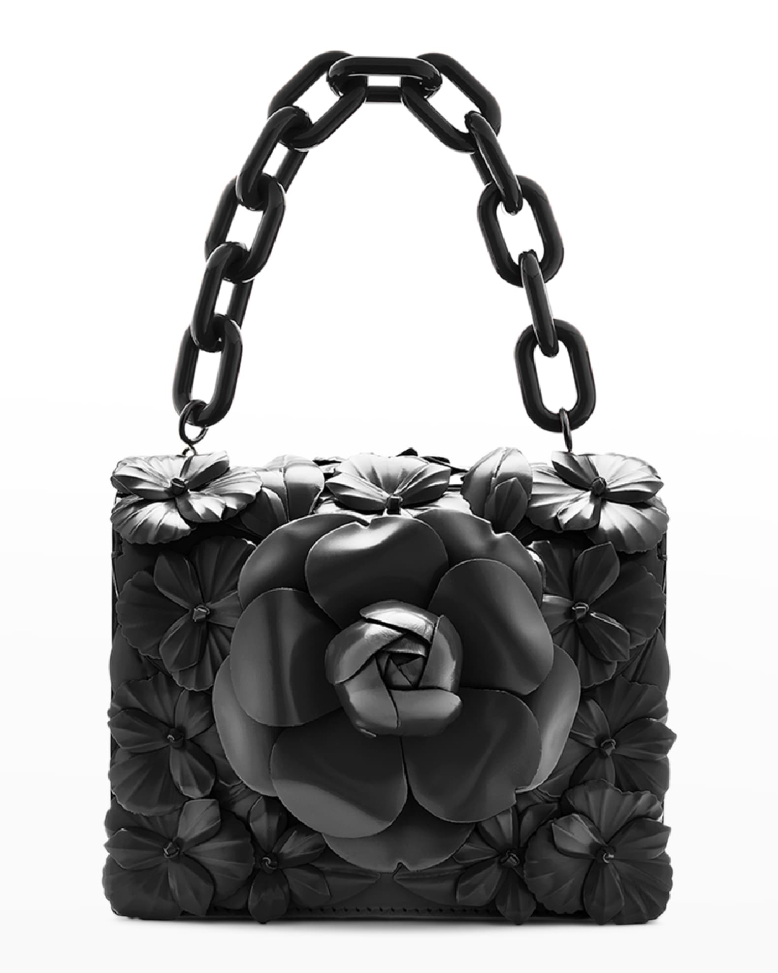Oscar de La Renta Mini Flower Leather Shoulder Bag Black