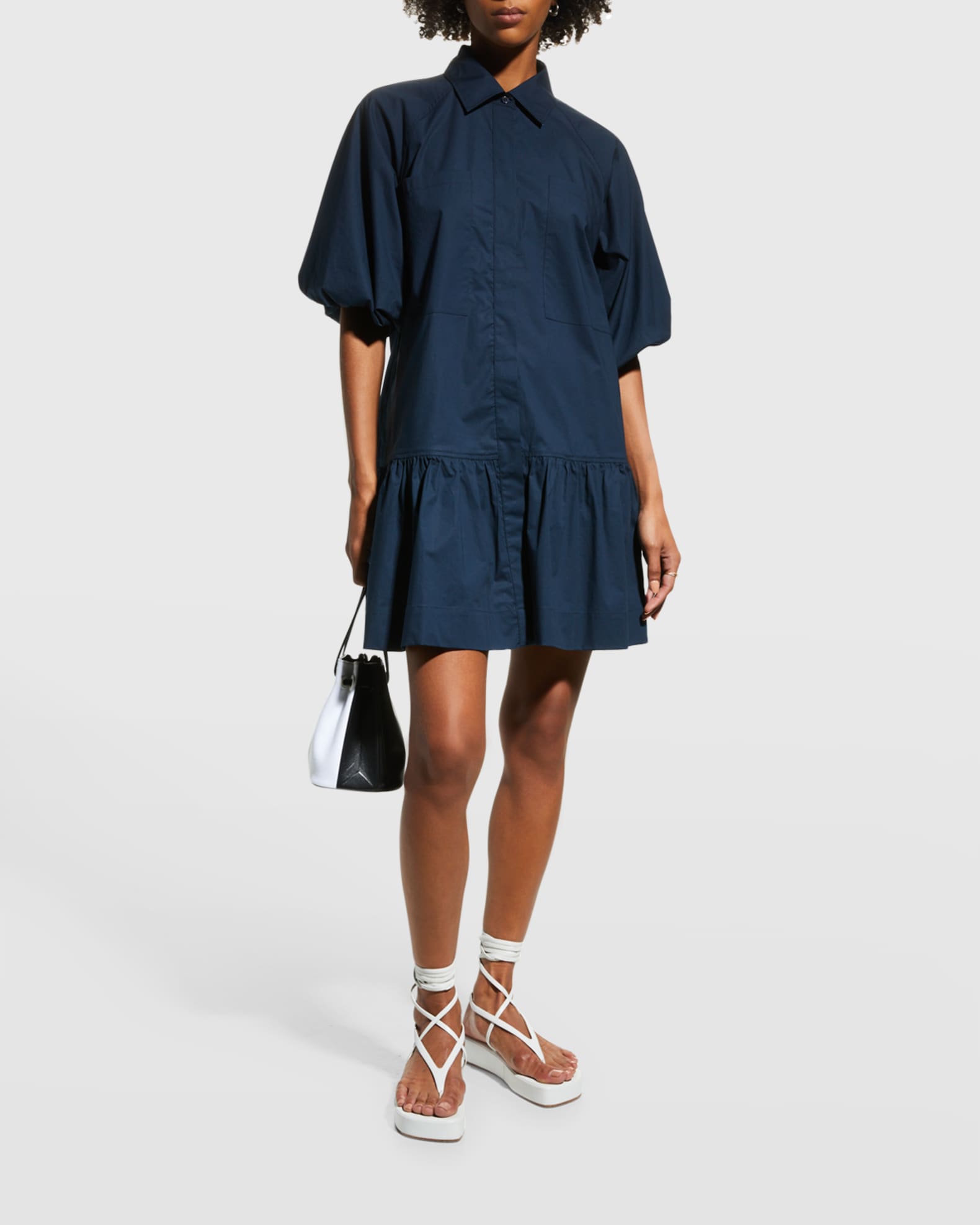 Chrissy Puff-Sleeve Cotton Poplin Mini Shirtdress