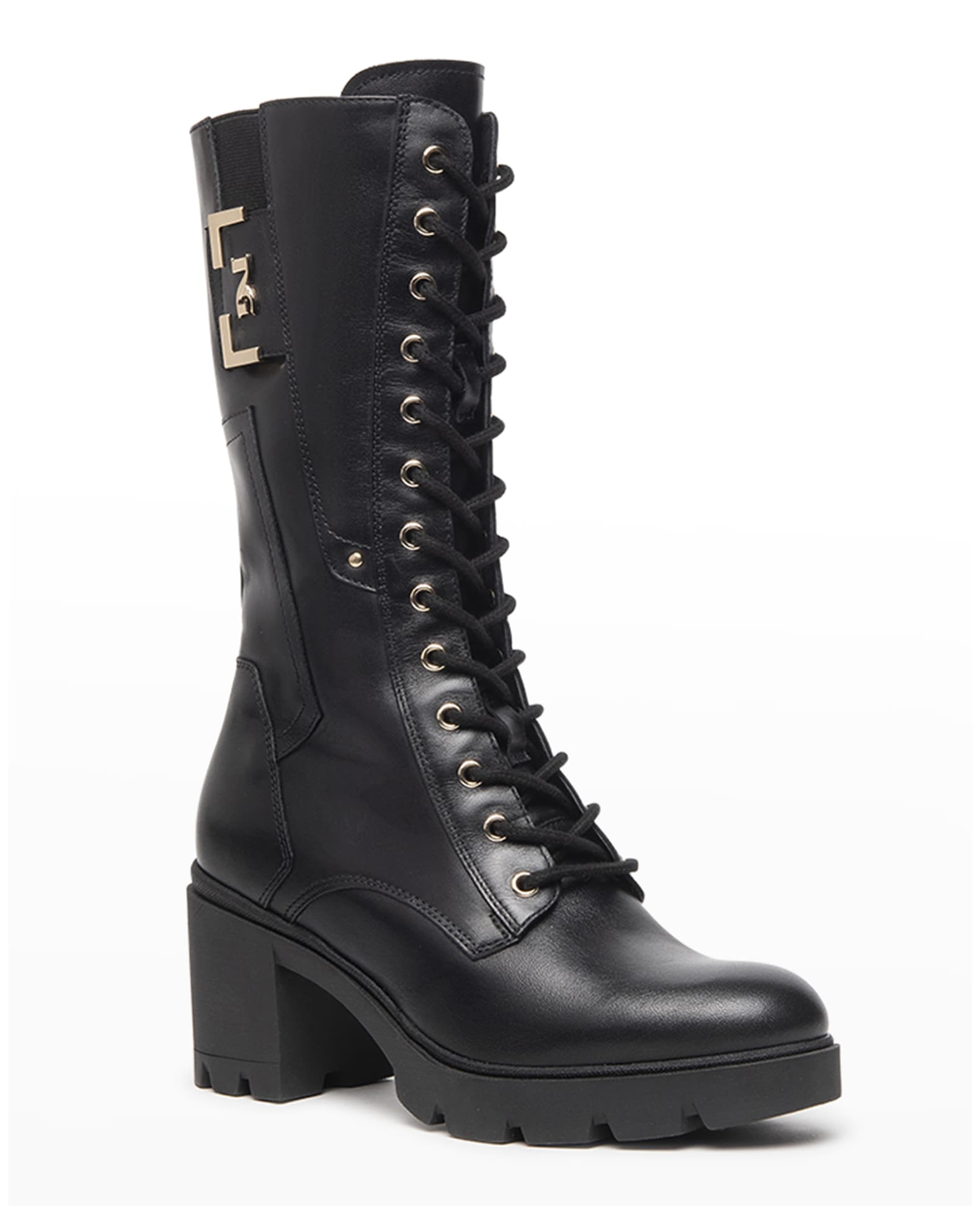 NeroGiardini Calfskin Logo Heeled Moto Boots | Neiman Marcus