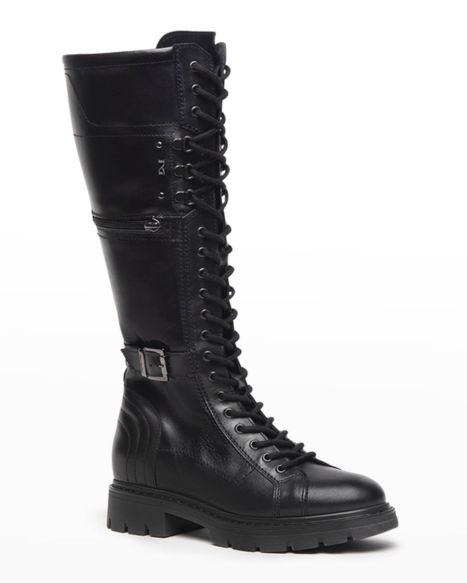 NeroGiardini Calfskin Buckle Lace-Up Moto Boots | Neiman Marcus